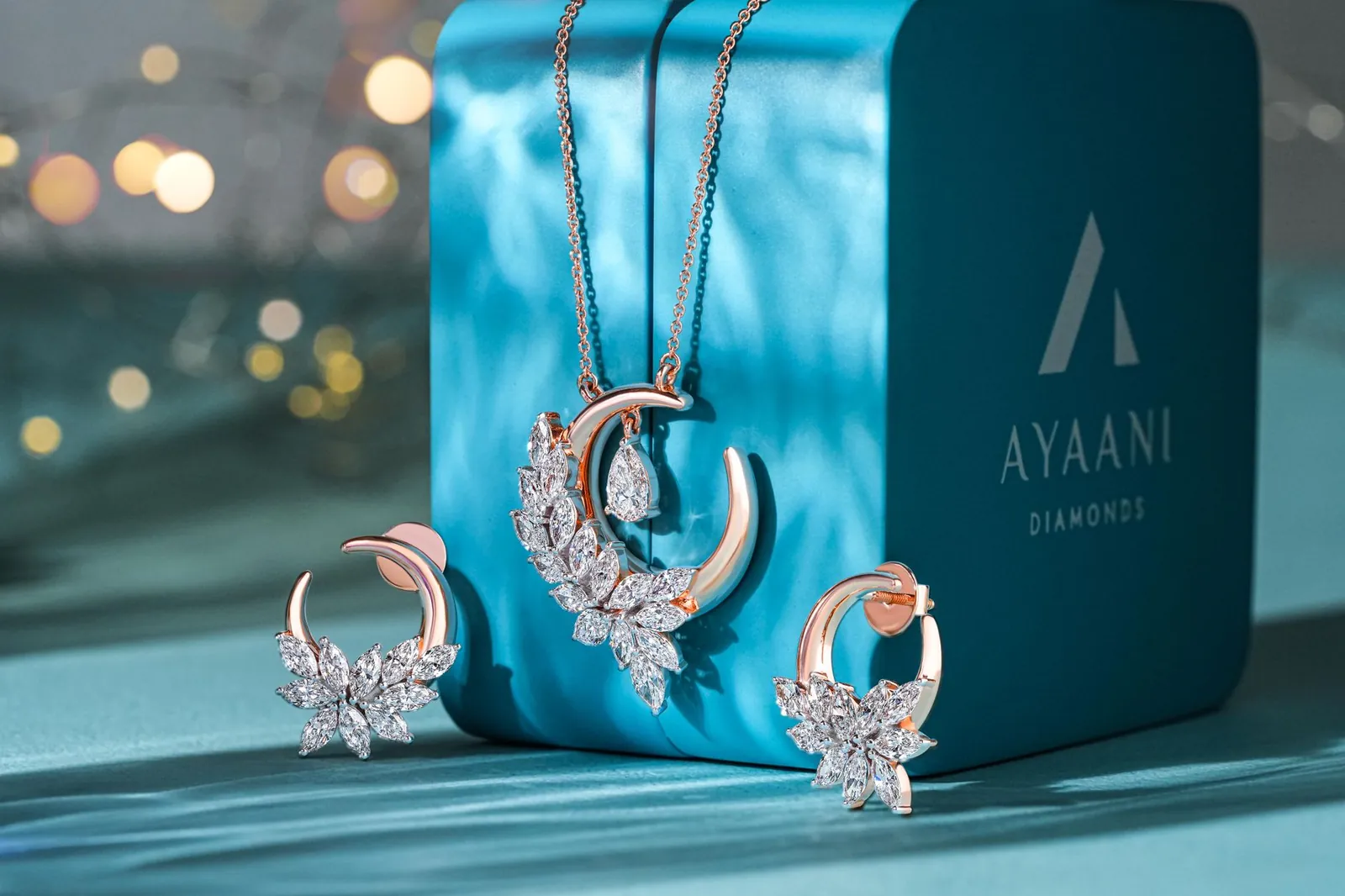Luxurious diamond jewelry set featuring vibrant sparkle, perfect for festive occasions. Stock photo illustrating Mini Diamonds (India)'s product launched story.