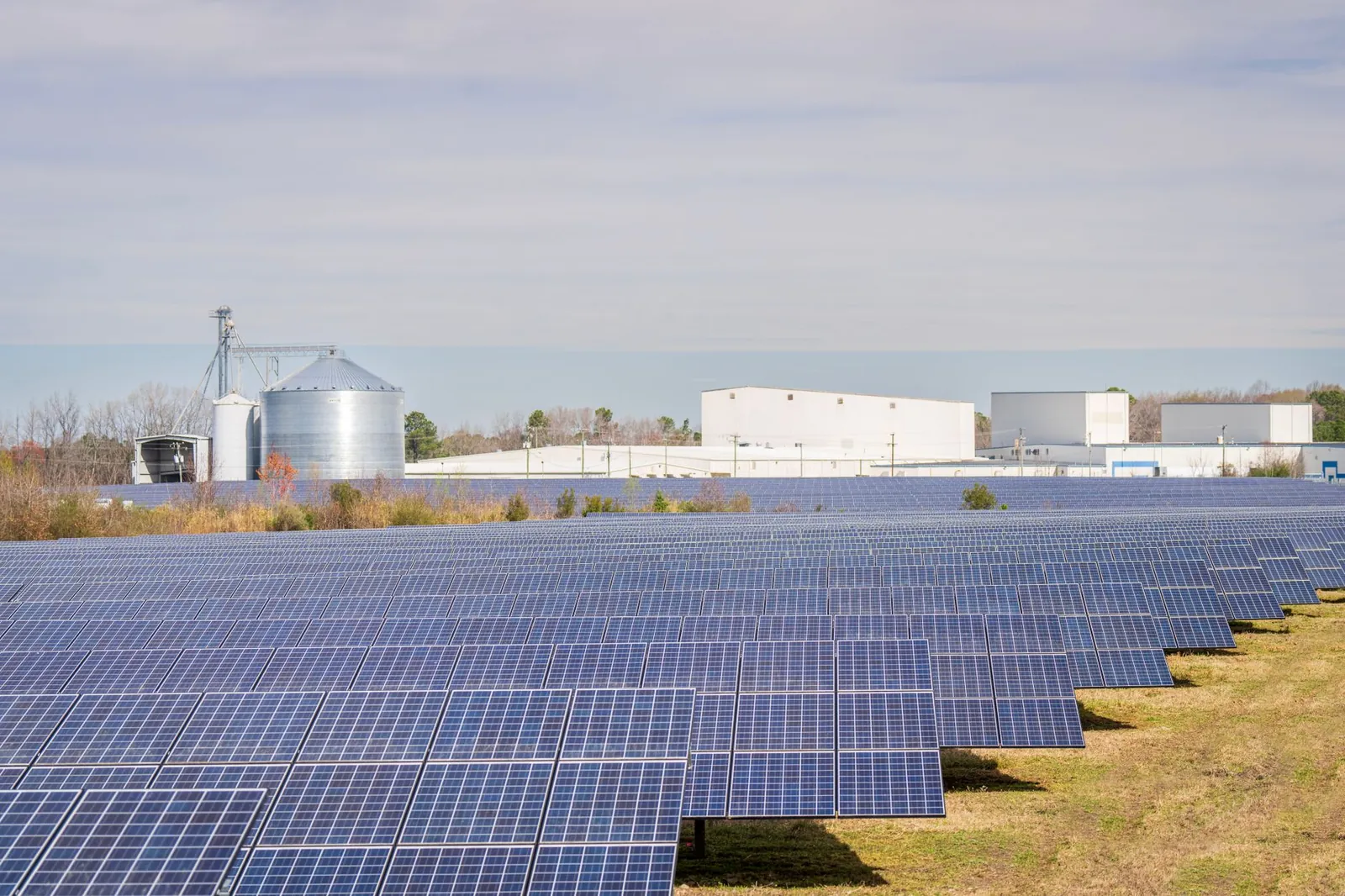 A large solar panel field with warehouses and silos in the background under a clear sky. Stock photo illustrating Oneindig Technologies' partnership story.