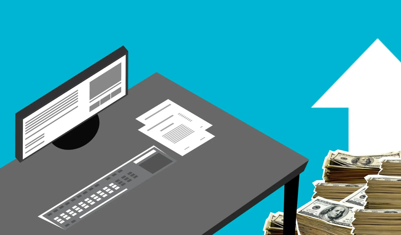 Illustration of modern computer and documents with cash and arrow up showing increase of incomes against blue background. Stock photo for the ALFA News guide: Other Income in Quarterly Results: What to Watch.