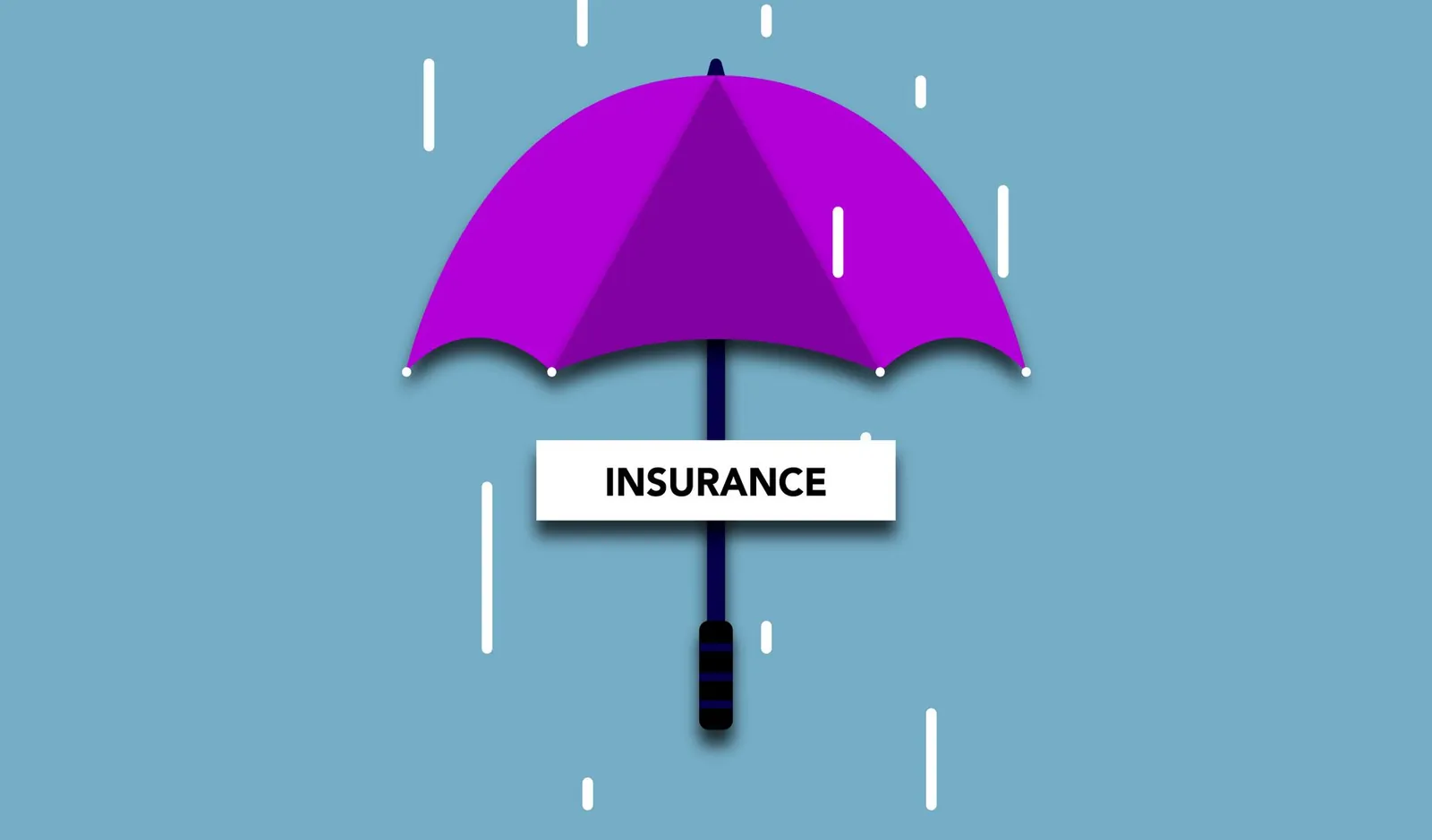Decorative cardboard illustration of signboard with Insurance title under umbrella in rain on blue background. Stock photo illustrating Coforge's product launched story.