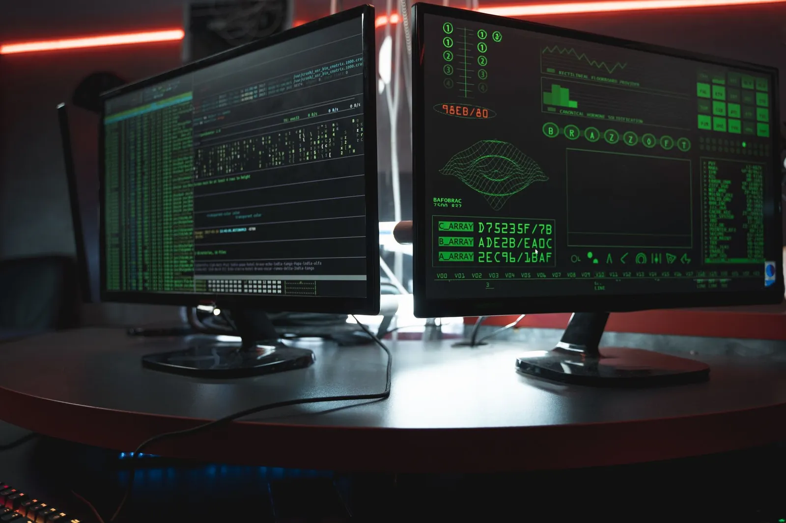 Close-up of dual computer monitors with green coding interfaces in a dark room, highlighting cyber security themes. Stock photo illustrating LTM's partnership story.