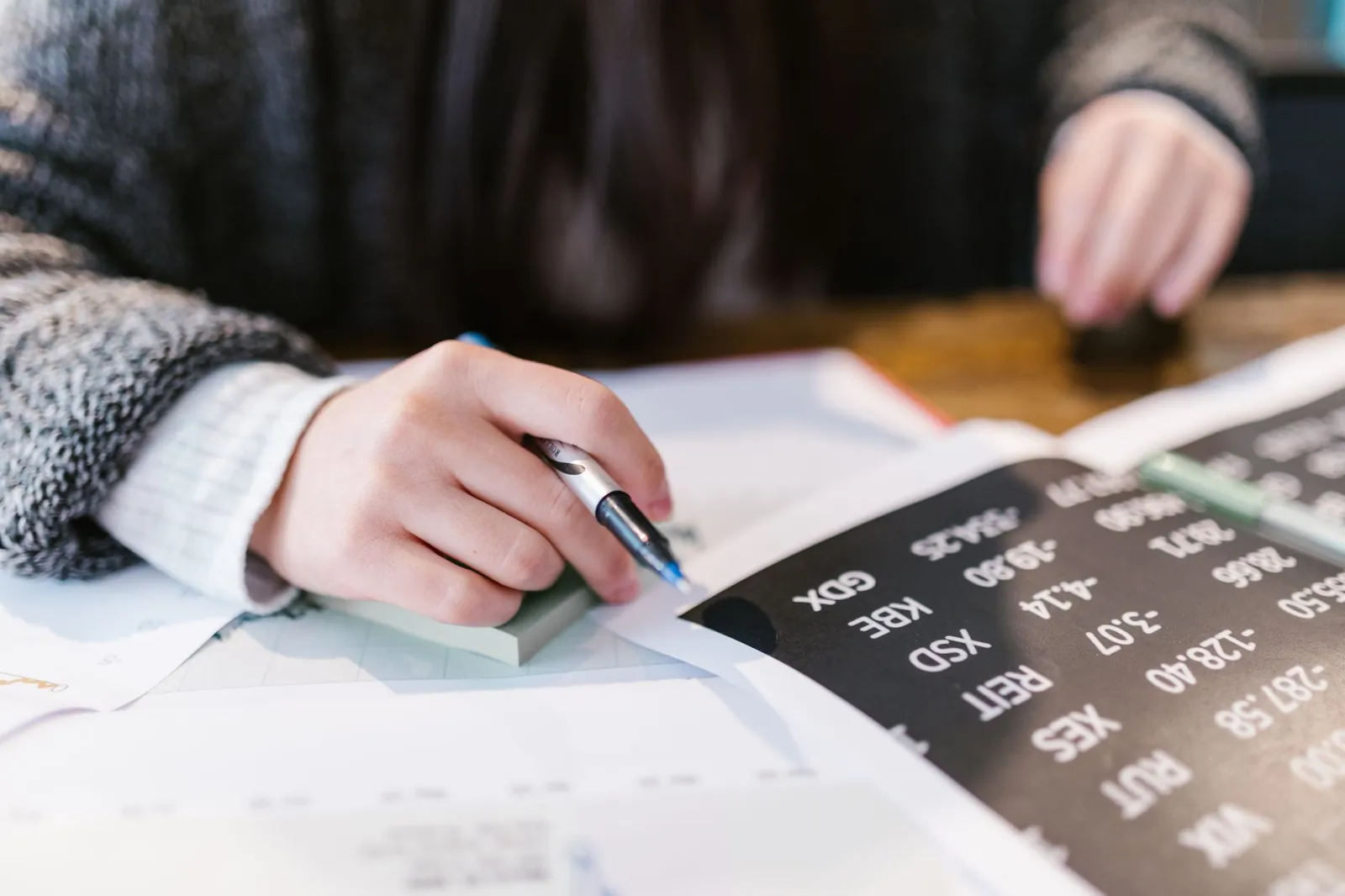 Close-up of a woman reviewing financial documents with focus on numbers and calculations. Stock photo illustrating Novelix Pharmaceuticals' regulatory approval story.
