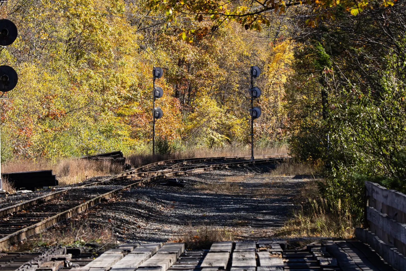 Rustic railway tracks in autumn scenery with crossing signals and vibrant foliage. Stock photo illustrating GPT Infraprojects' earning call story.