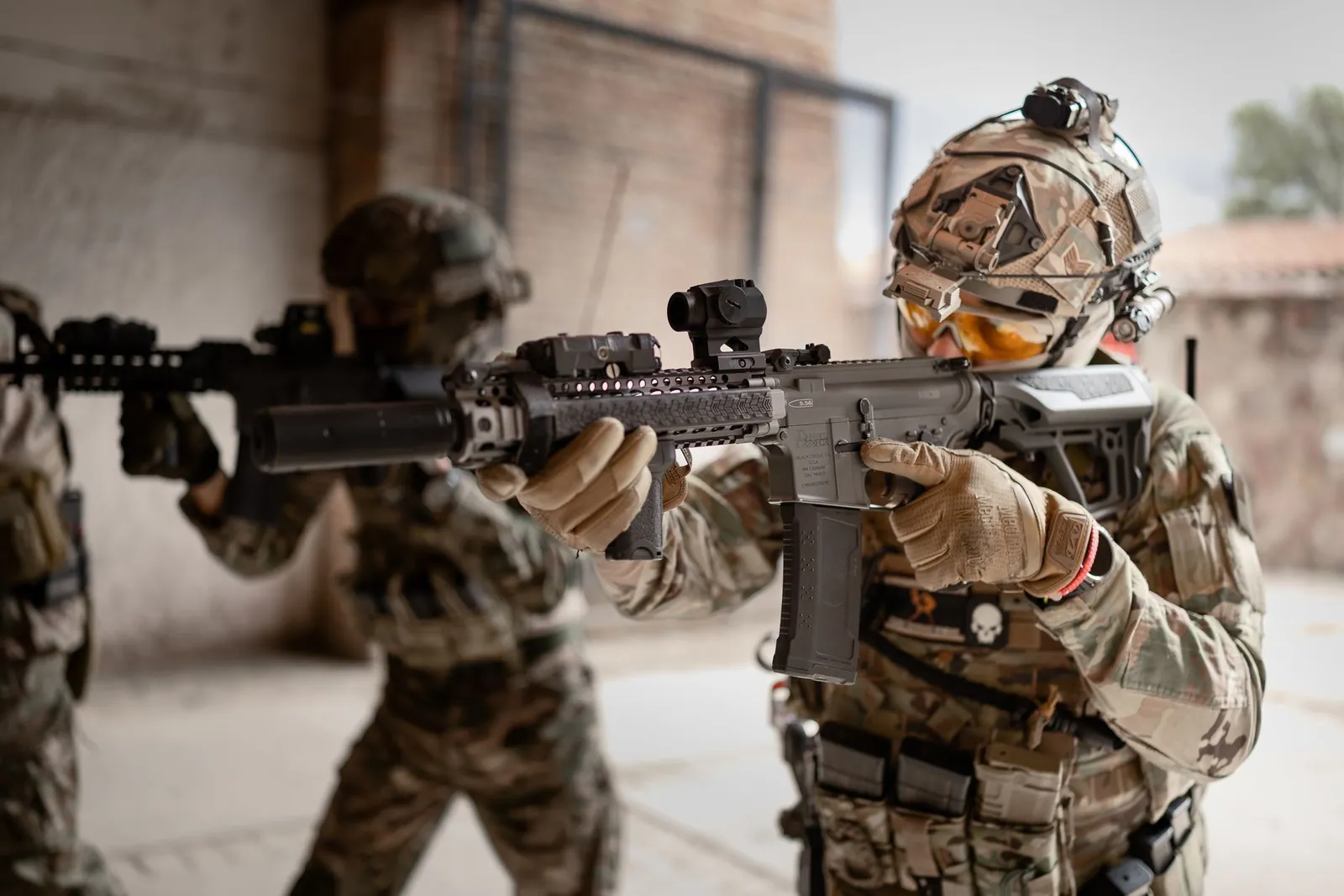 Armored soldiers in action during indoor training exercises, equipped with tactical gear. Stock photo illustrating Neueon Corporation's new order story.