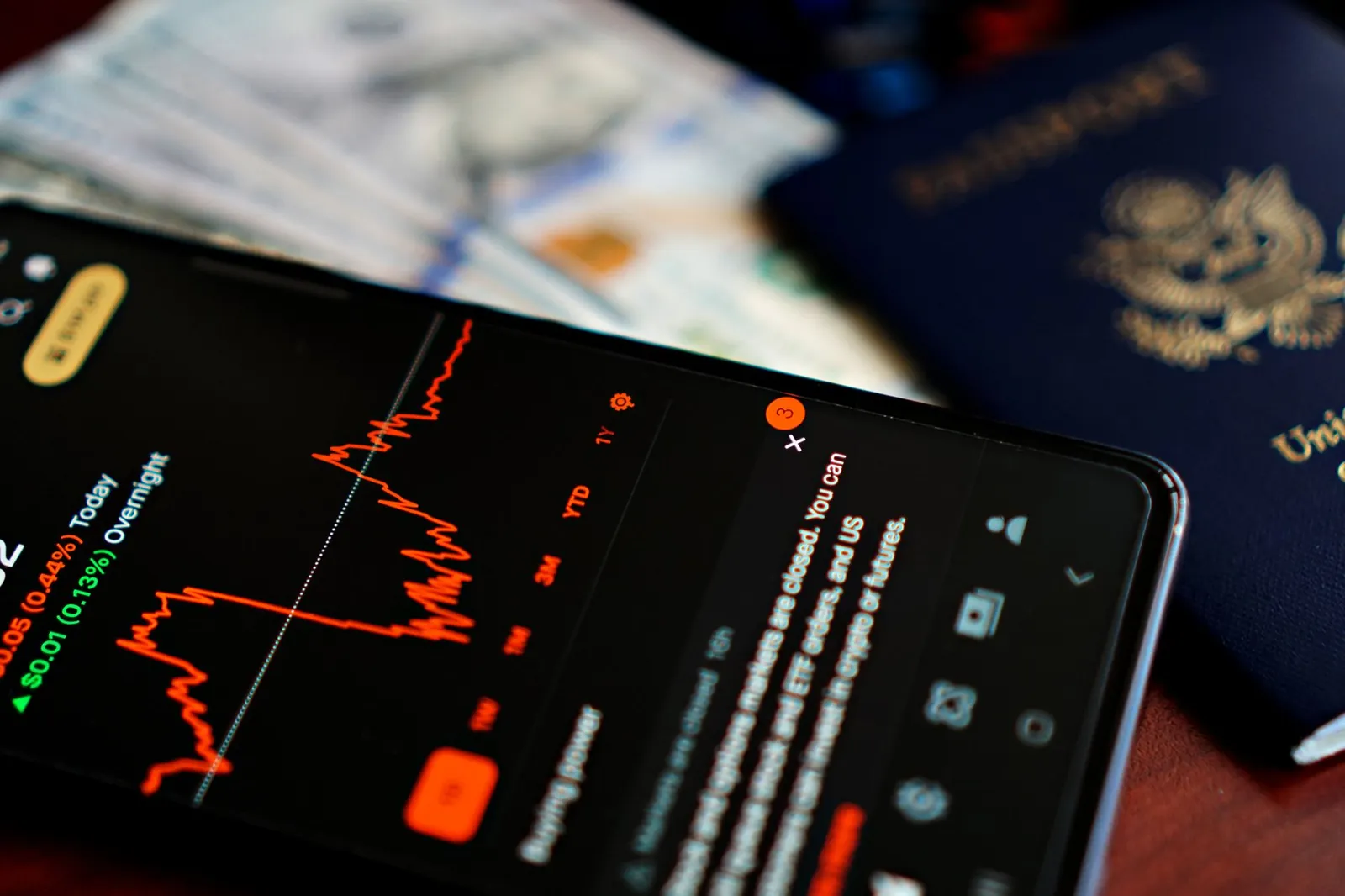 Close-up of a smartphone displaying a stock market app alongside a US passport and currency. Stock photo for the ALFA News guide: How to Choose the Best Stock Alert App in India.