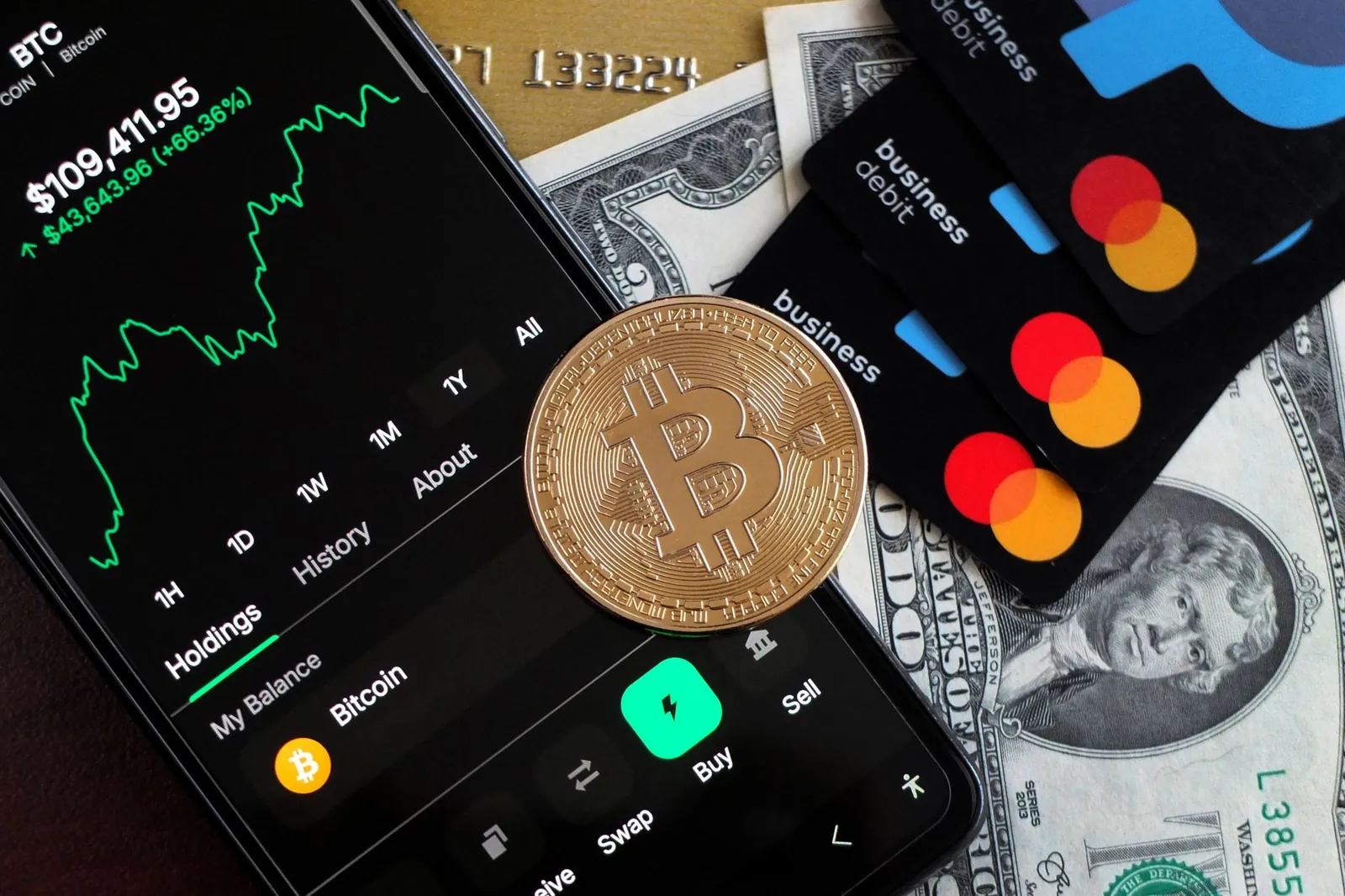 A visual representation of Bitcoin trading and financial transactions with credit cards and cash. Stock photo for the ALFA News guide: Related Party Transaction Disclosures: A Governance Guide.