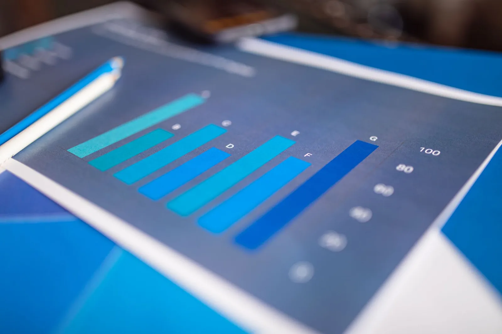 Detailed close-up of a blue bar graph showing data analysis on printed paper. Stock photo for the ALFA News guide: How to Analyse FII and DII Activity Data.