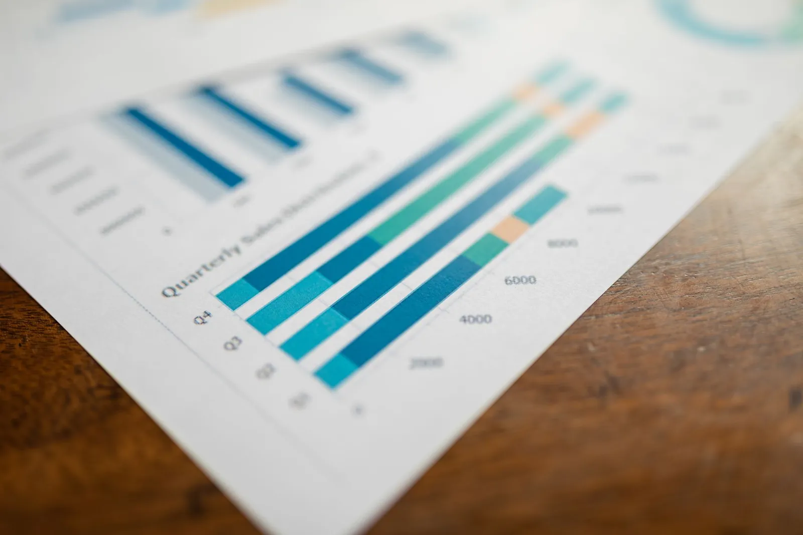 Close-up of a quarterly sales report showing bar charts on paper. Stock photo for the ALFA News guide: Quarterly Results in India: A Guide to SEBI Reporting Rules.
