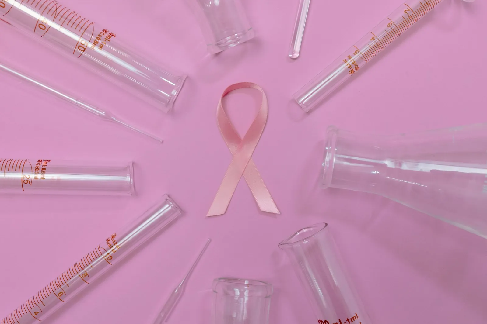 A pink ribbon surrounded by laboratory glassware symbolizes breast cancer research and awareness. Stock photo illustrating Glenmark Pharmaceuticals' product launched story.