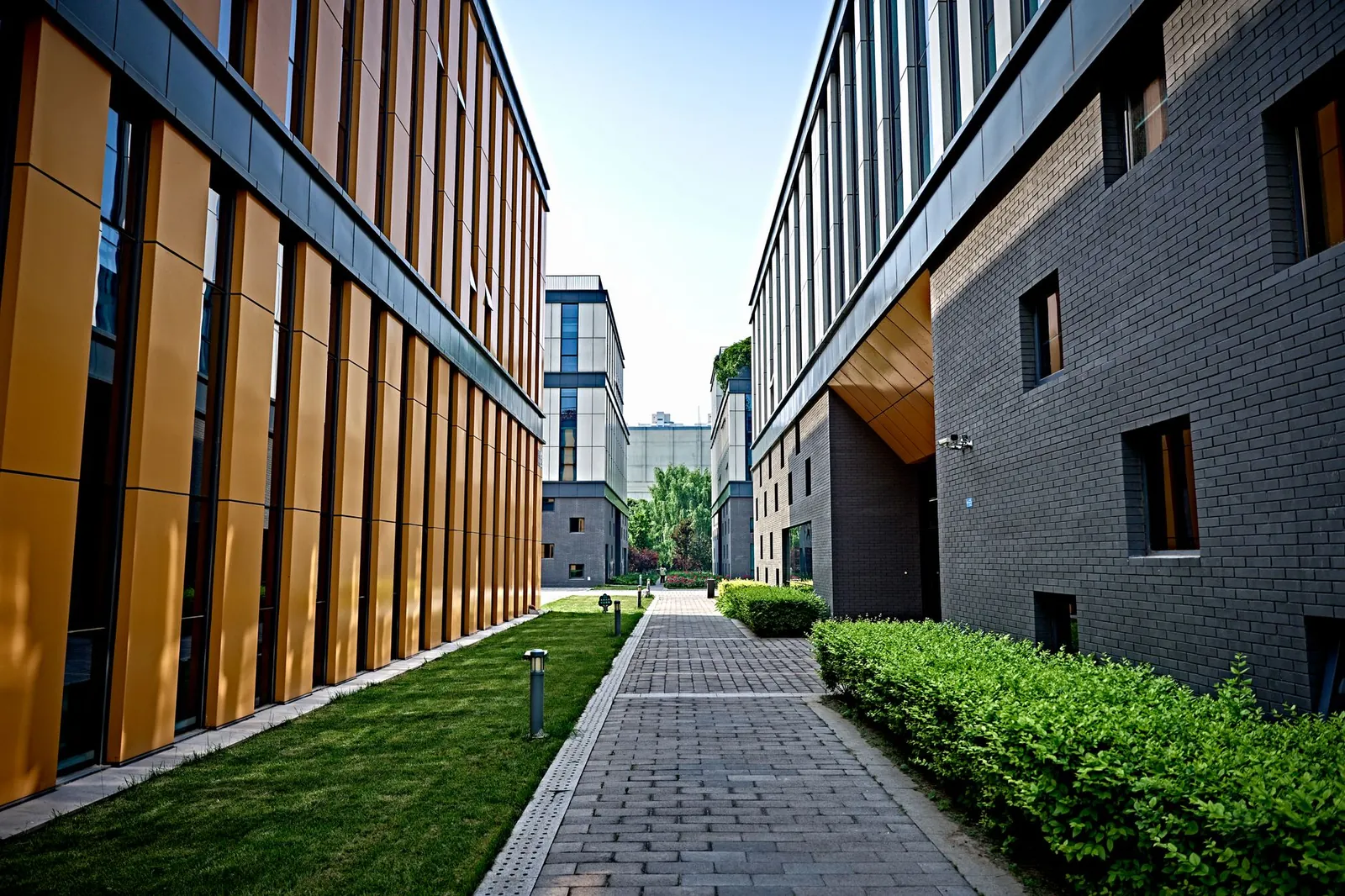 Vibrant view of modern office buildings with pathway and greenery. Stock photo illustrating Omaxe's regulatory approval story.