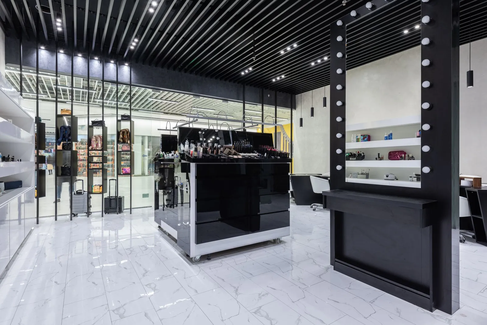 Sleek modern interior of a beauty store with cosmetics and chic decor. Stock photo illustrating Recode Studios' expansion story.