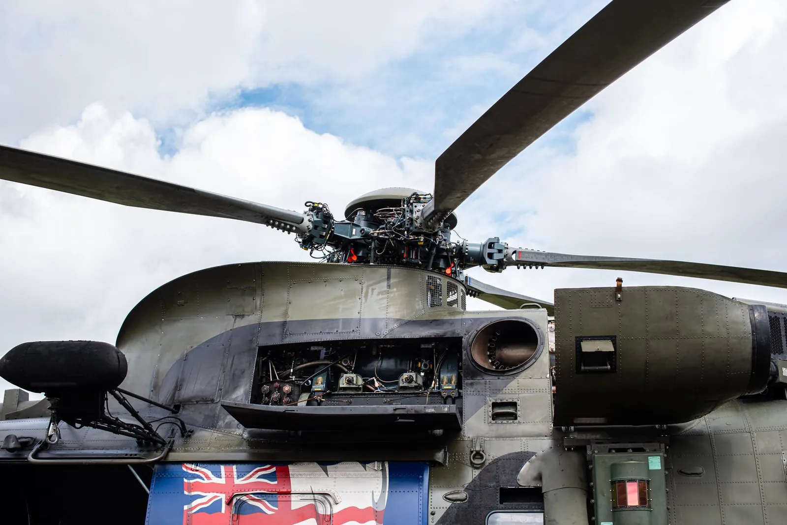Detailed view of a military helicopter rotor and open mechanism, showing complex engineering. Stock photo illustrating Hindustan Aeronautics' new order story.