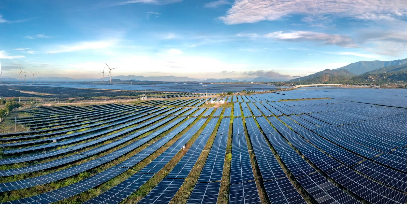 Expansive solar farm and wind turbines harnessing renewable energy at sunrise, showcasing sustainable technology. Stock photo illustrating NTPC Green Energy's new order story.