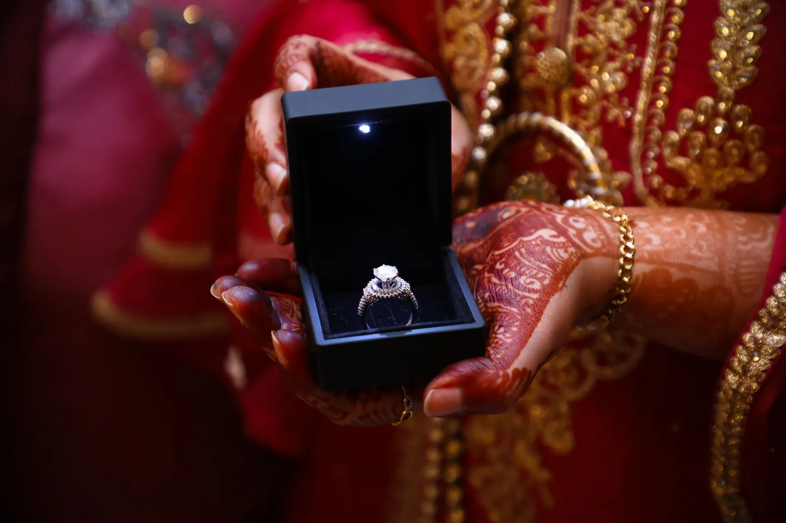 Elegant diamond ring in luxurious box held by hands with intricate henna designs. Stock photo illustrating Goldiam International's product launched story.