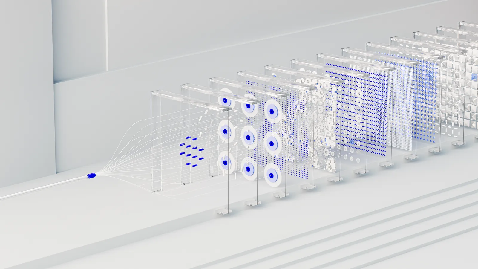Visual abstraction of neural networks in AI technology, featuring data flow and algorithms. Stock photo illustrating Blue Cloud Softech Solutions' product launched story.