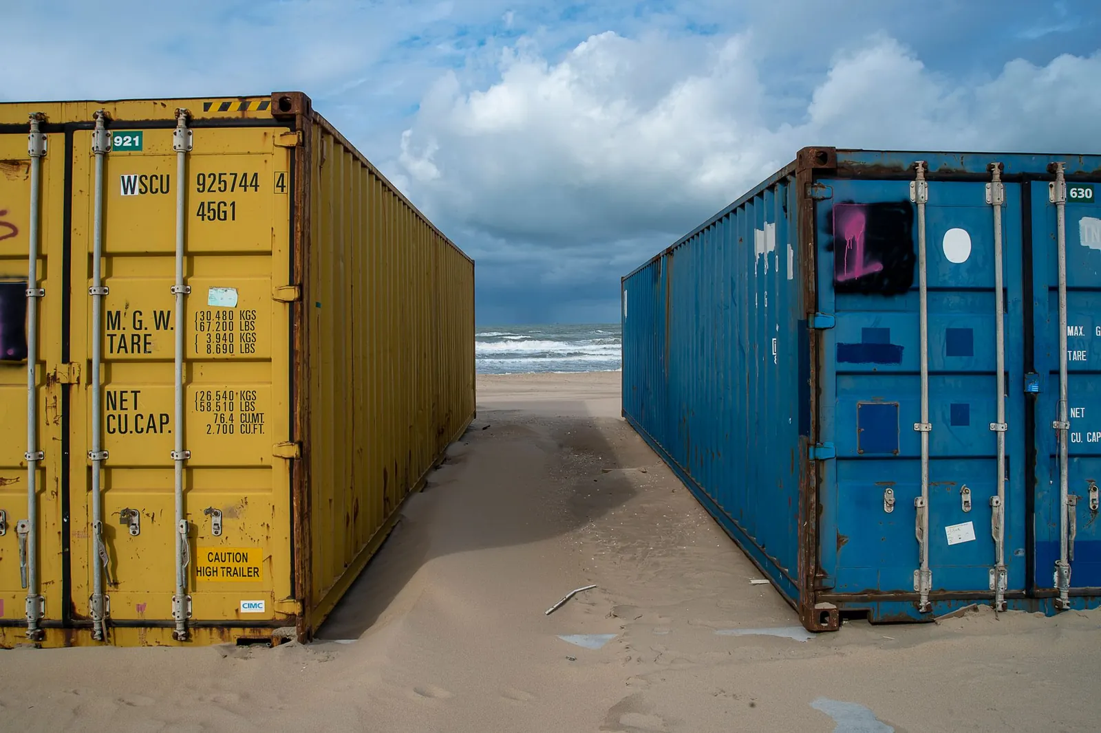 Vivid yellow and blue shipping containers on a deserted beach with ocean waves in the background. Stock photo illustrating Blue Water Logistics' earning call story.