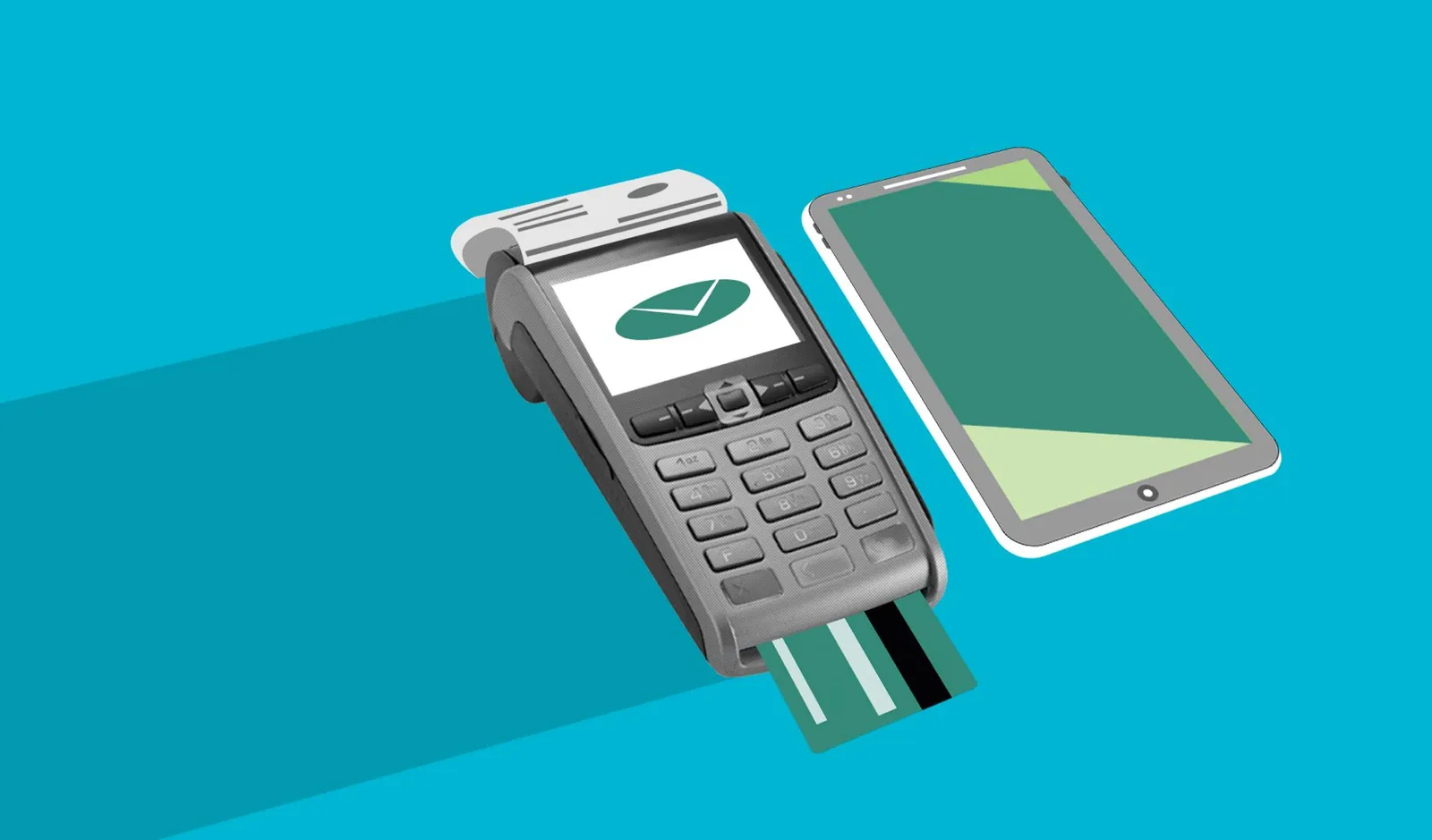 Decorative cardboard appliques of POS terminal with credit card near cellphone with app on screen during money transaction on blue background. Stock photo illustrating Jana Small Finance Bank's earning call story.