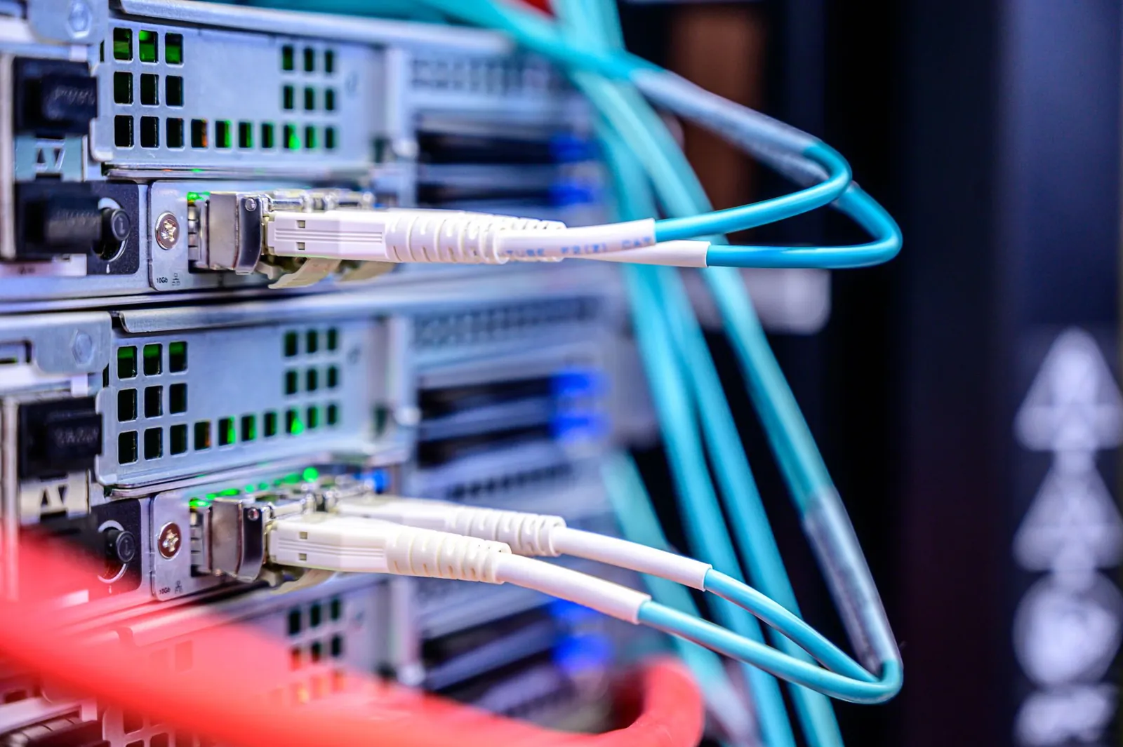 Detailed shot of Ethernet cables connected to server ports highlighting technology infrastructure. Stock photo illustrating Sterlite Technologies' new order story.