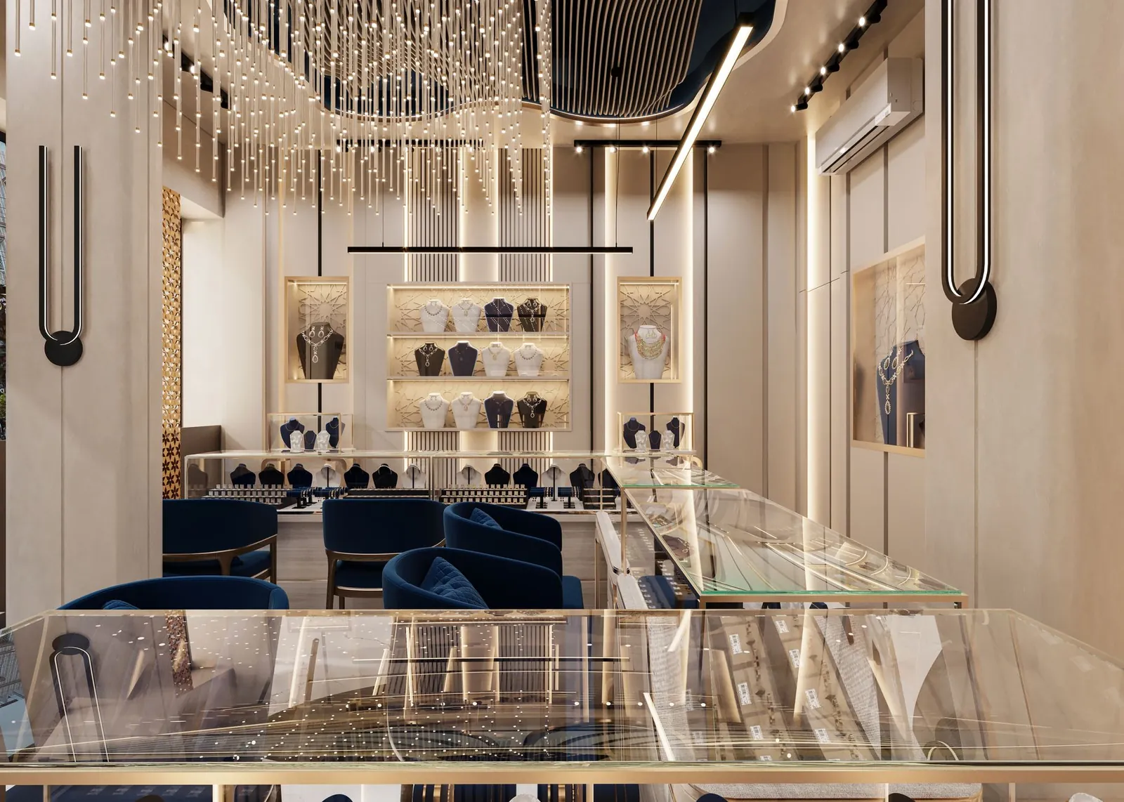 Elegant and sophisticated jewelry store with modern design and ambient lighting. Stock photo illustrating Kalyan Jewellers India's earning call story.