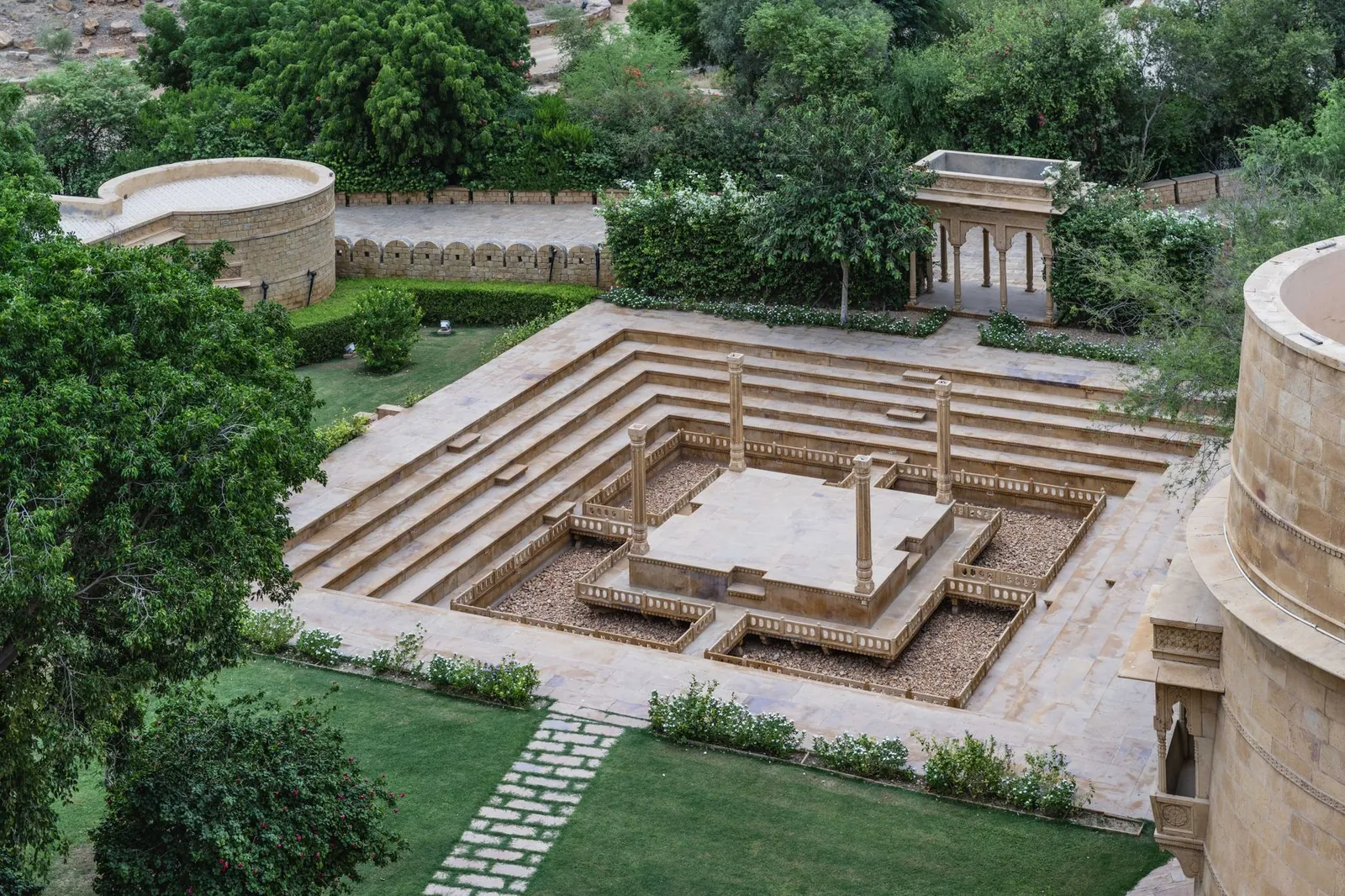 Aerial view of the sandstone courtyard at Suryagarh, Jaisalmer, showcasing Rajasthan's architectural elegance. Stock photo illustrating Espire Hospitality's expansion story.