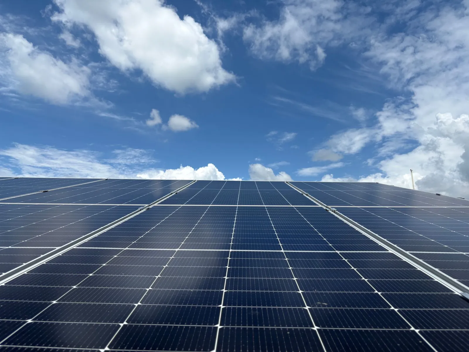 Solar panels generating renewable energy beneath a clear blue sky in Dehradun, India. Stock photo illustrating NLC India's new order story.