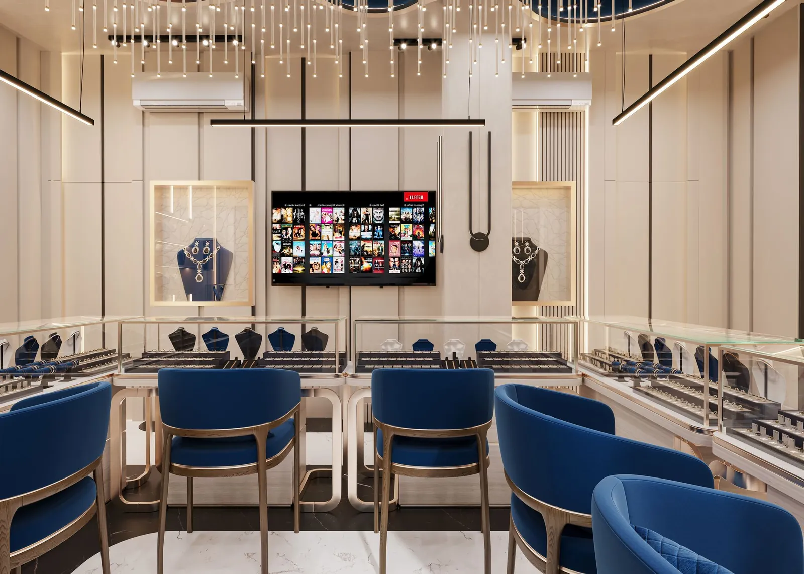 Modern jewelry store interior with elegant lighting and blue seating, showcasing luxury items in display cases. Stock photo illustrating RBZ Jewellers' expansion story.