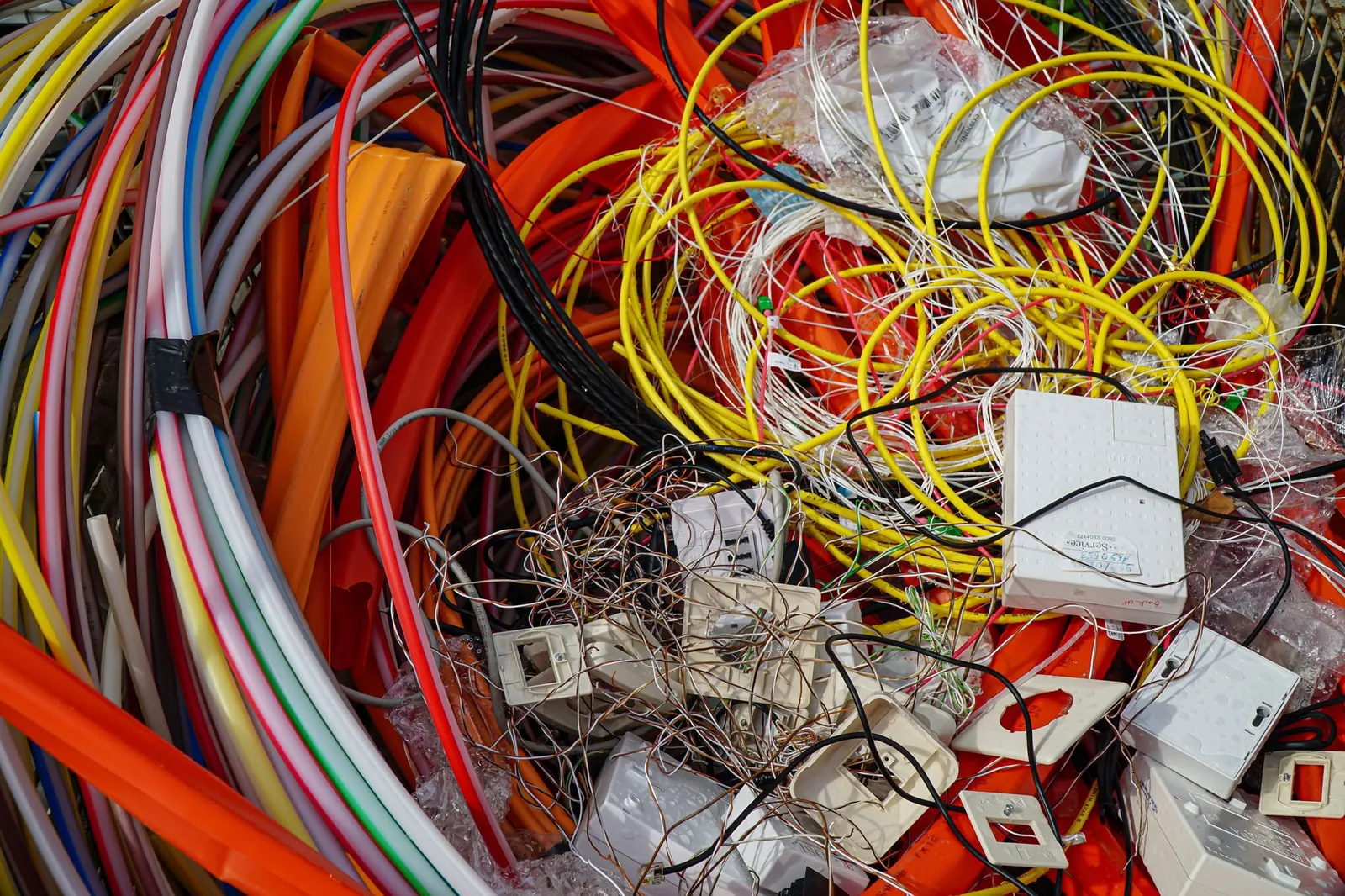 A vibrant mixture of electrical cables and waste ready for recycling. Stock photo illustrating Eco Recycling's expansion story.
