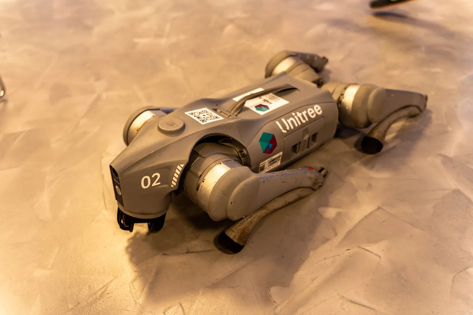 A Unitree robot dog resting on an indoor concrete floor. Stock photo illustrating Nanta Tech's expansion story.