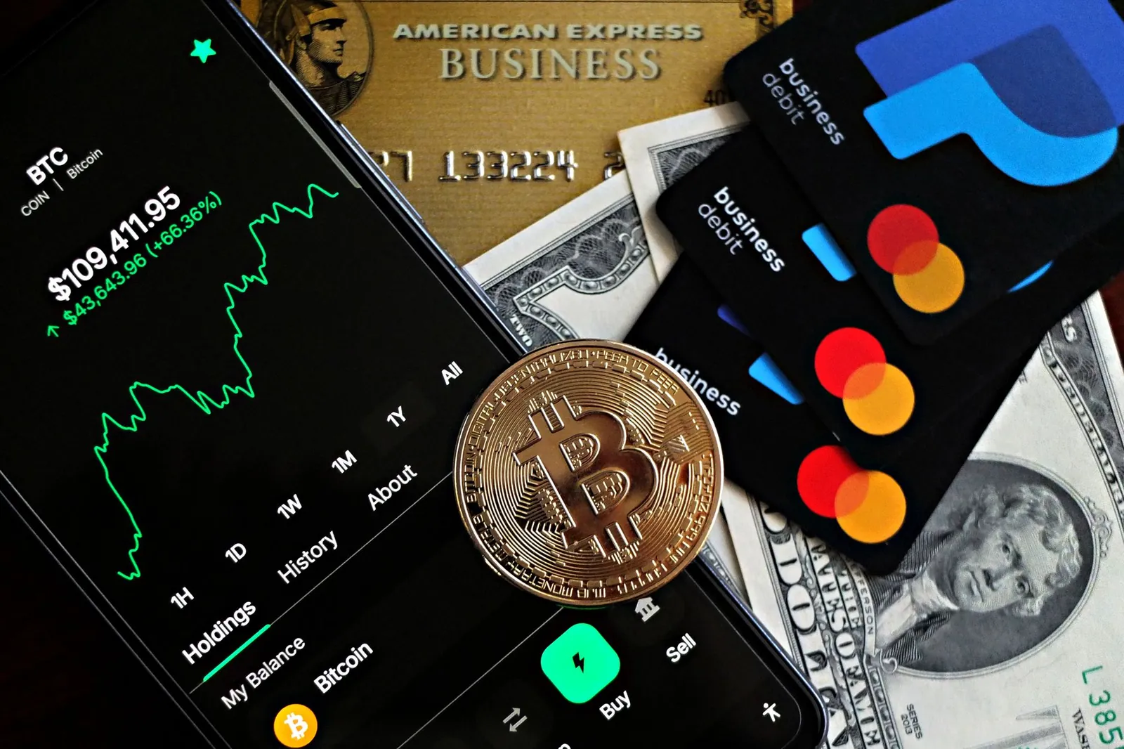 A dynamic image showcasing Bitcoin, credit cards, and financial apps for investment enthusiasts. Stock photo illustrating Akiko Global Services' earning call story.