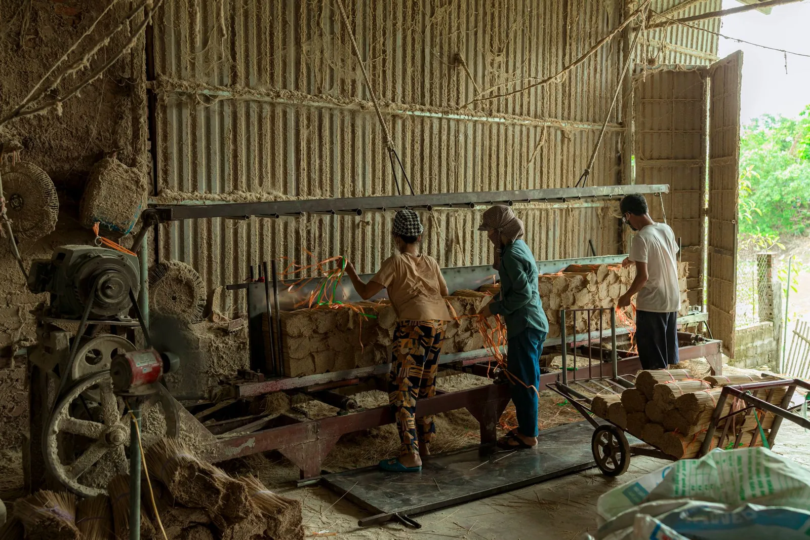 Workers in a factory managing machinery to process raw materials. Indoor industrial setting. Stock photo illustrating Proventus Agrocom's production started story.