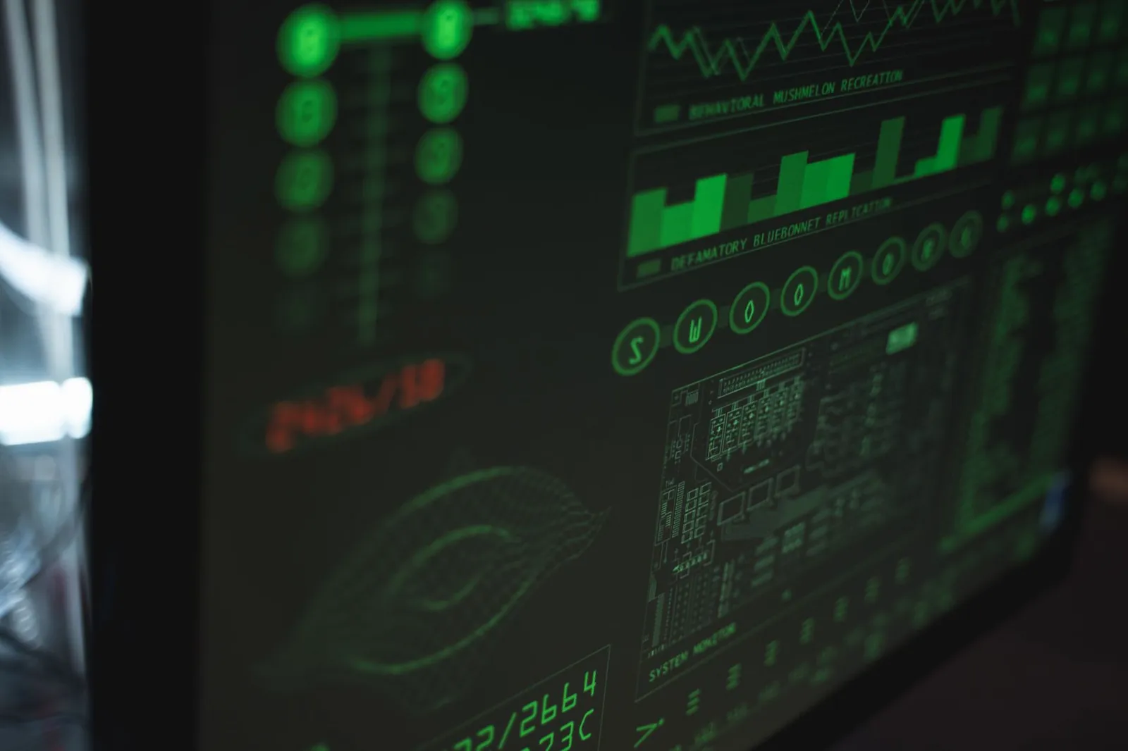 Close-up view of a computer displaying cybersecurity and data protection interfaces in green tones. Stock photo illustrating L&T Technology Services' partnership story.