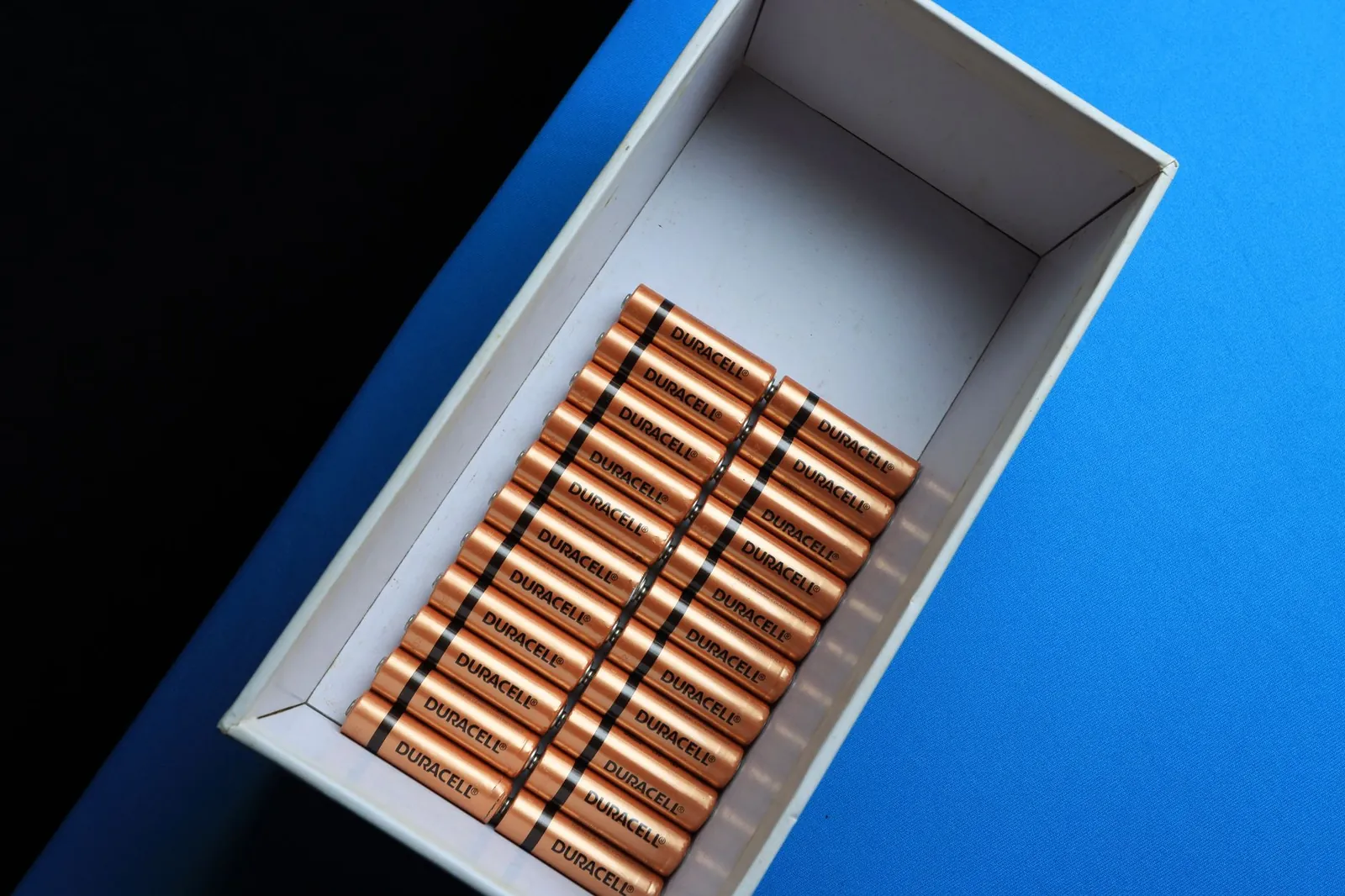 Top view of neatly arranged batteries in a box on a contrasting blue surface. Stock photo illustrating Bondada Engineering's new order story.