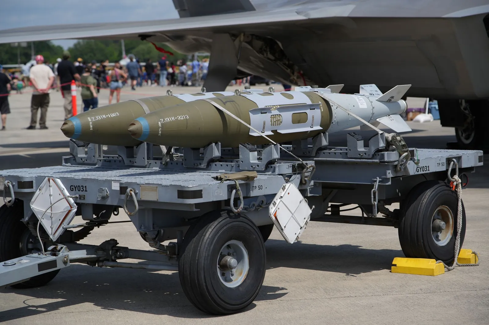 Close-up of military aircraft weapons on display at an airshow in Hampton, Virginia. Stock photo illustrating Zen Technologies' product launched story.