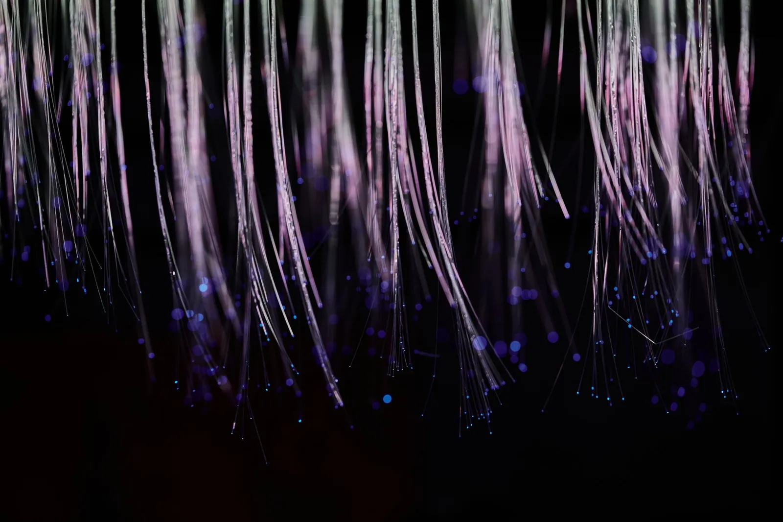 Abstract image of ethereal fiber optic strands cascading with glowing blue lights. Stock photo illustrating HFCL's new order story.