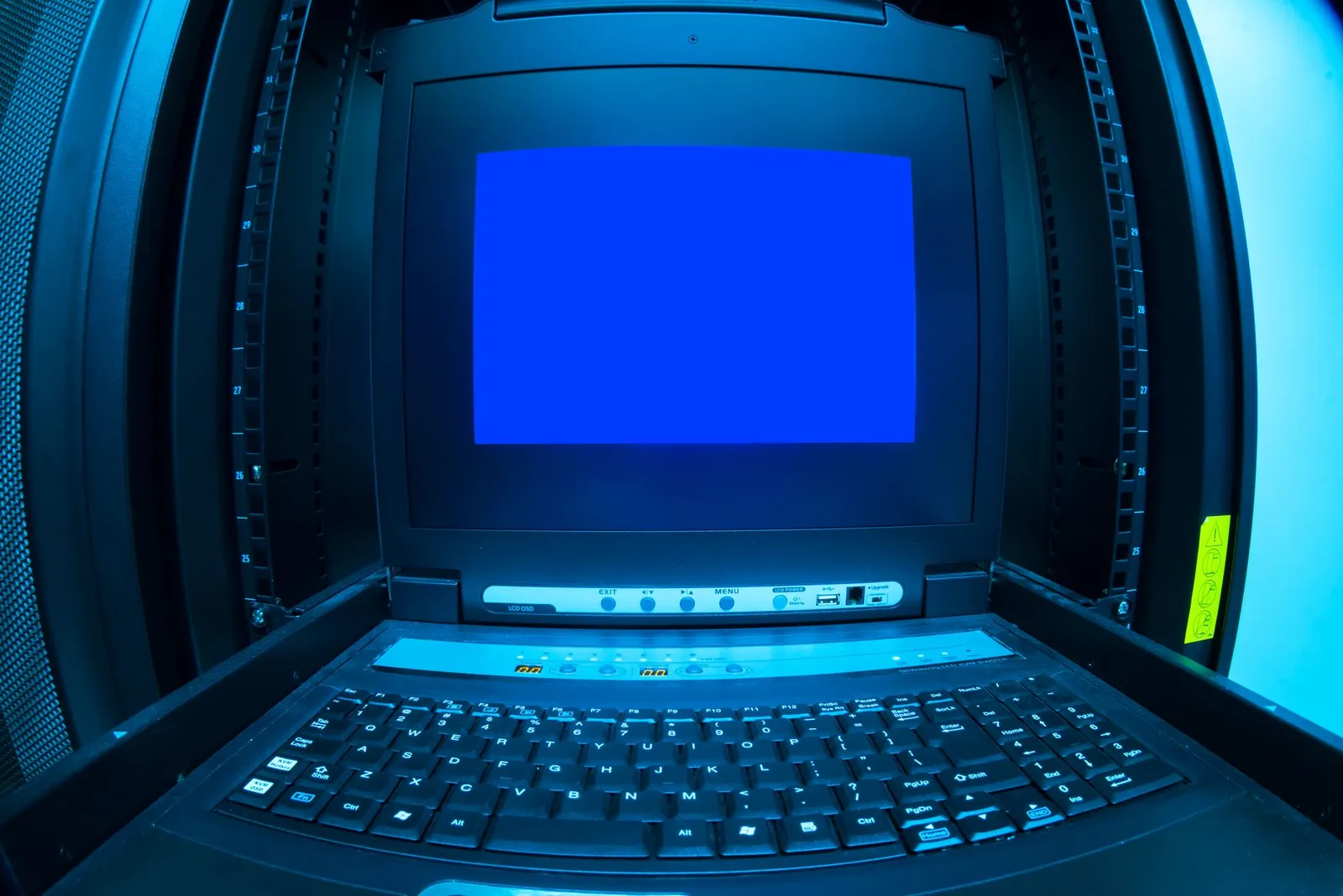Close-up of a blue screen error shown on a data center control terminal. Stock photo illustrating Cyient's product launched story.