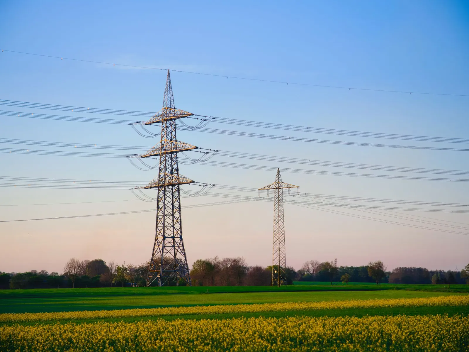 Dusk landscape showing transmission towers and lush fields under a clear sky. Stock photo illustrating Sugs Lloyd's earning call story.