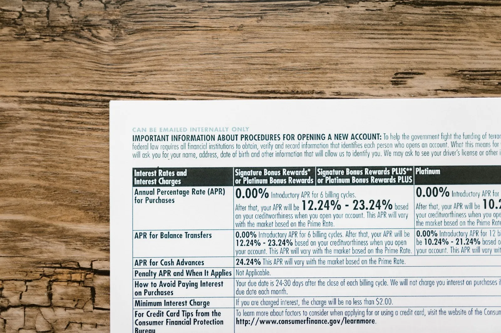 A detailed financial document listing interest rates on a textured wooden table. Stock photo for the ALFA News guide: Interest Coverage Ratio: A Guide for Indian Investors.