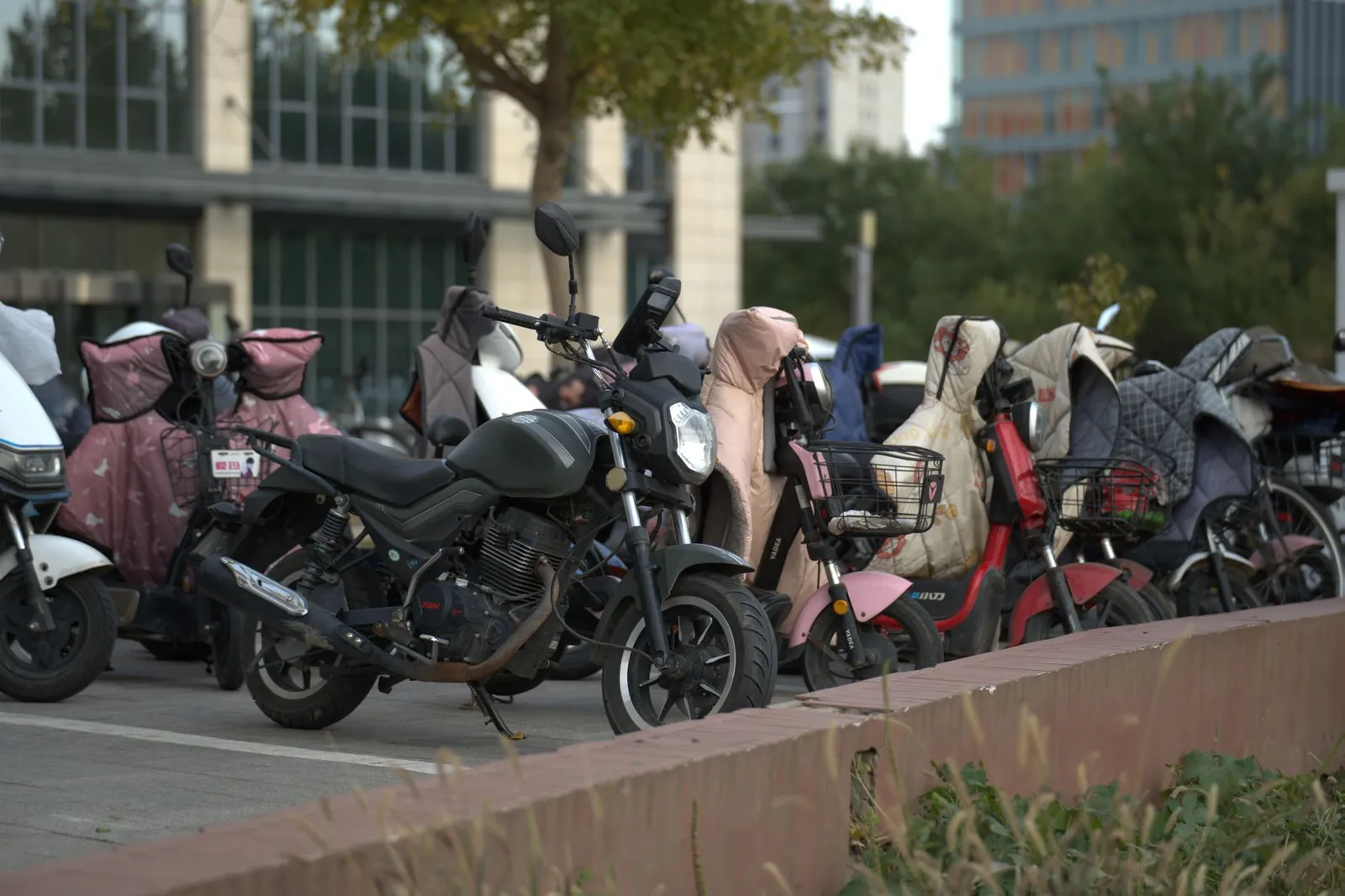 A row of parked scooters and motorcycles in an urban outdoor setting with protective covers. Stock photo illustrating Zelio E Mobility's fund raise story.