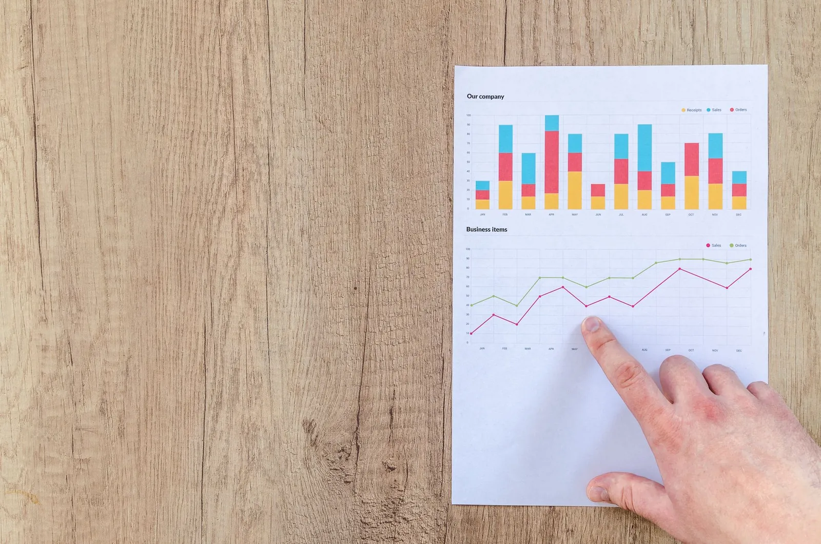 Hand analyzing business graphs on a wooden desk, focusing on data results and growth analysis. Stock photo for the ALFA News guide: How to Read Quarterly Results: A Complete Guide for Indian Investors.