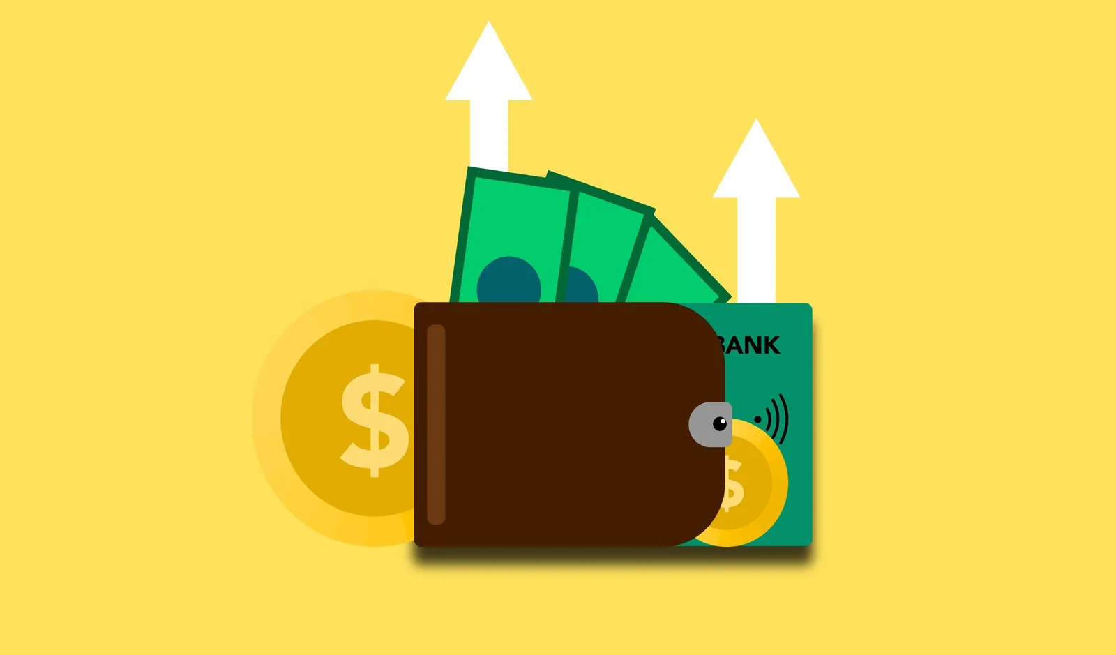 Illustration of wallet with money banknotes coins and bank card in wallet with arrows up showing income growth on yellow background. Stock photo illustrating ESAF Small Finance Bank's fund raise story.