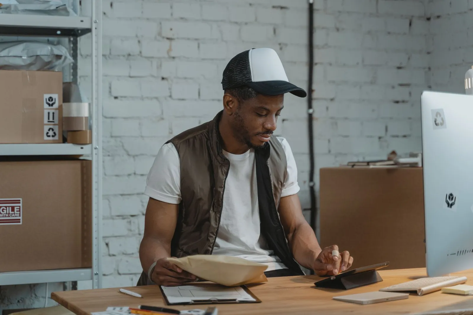 A man in a warehouse managing e-commerce orders and using a tablet for logistics. Stock photo for the ALFA News guide: Export Order Announcements: What Indian Investors Should Know.