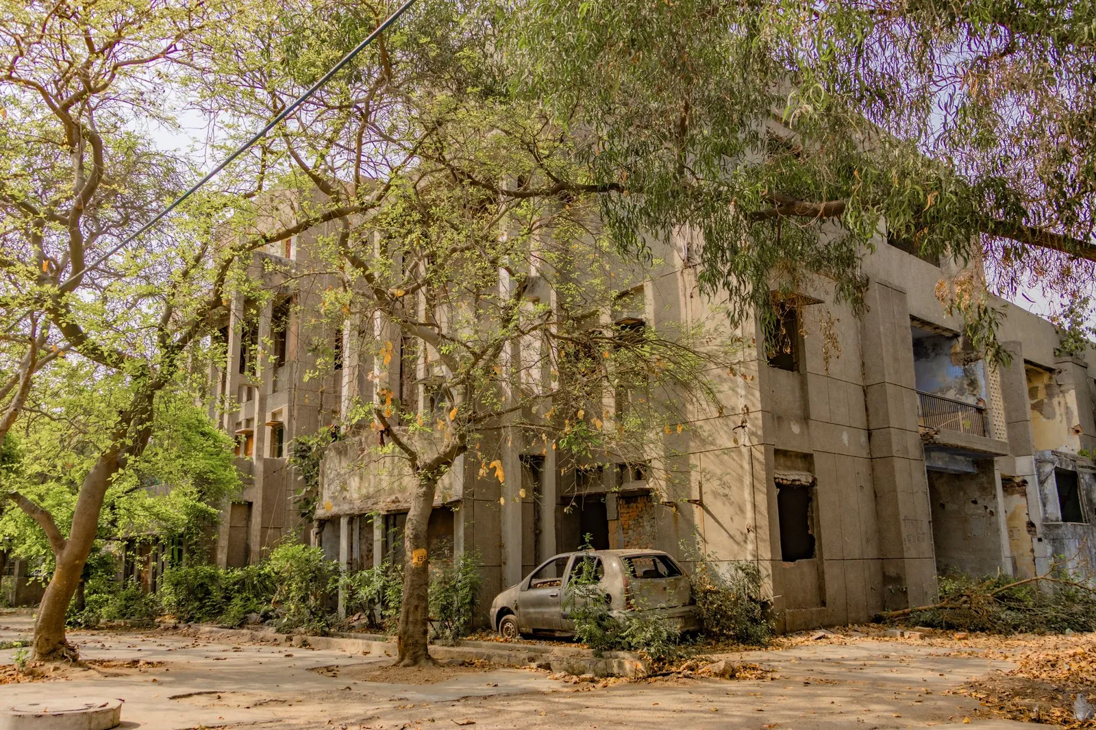 An abandoned building surrounded by lush greenery and an old car, captured in Delhi, India. Stock photo illustrating Asarfi Hospital's earning call story.