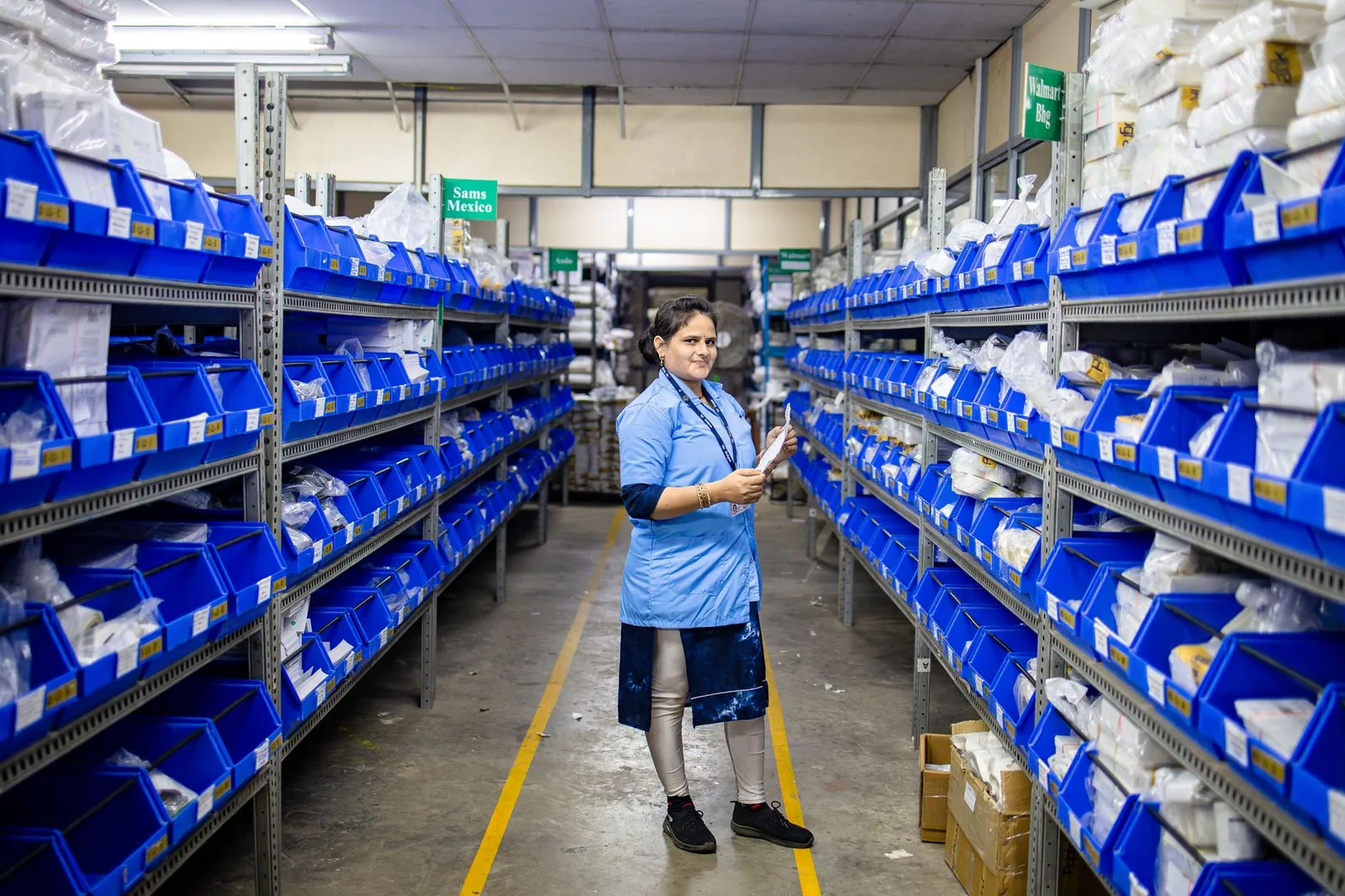 Female worker organizing inventory in a modern warehouse aisle, surrounded by blue storage bins. Stock photo illustrating NDR InvIT Trust's expansion story.