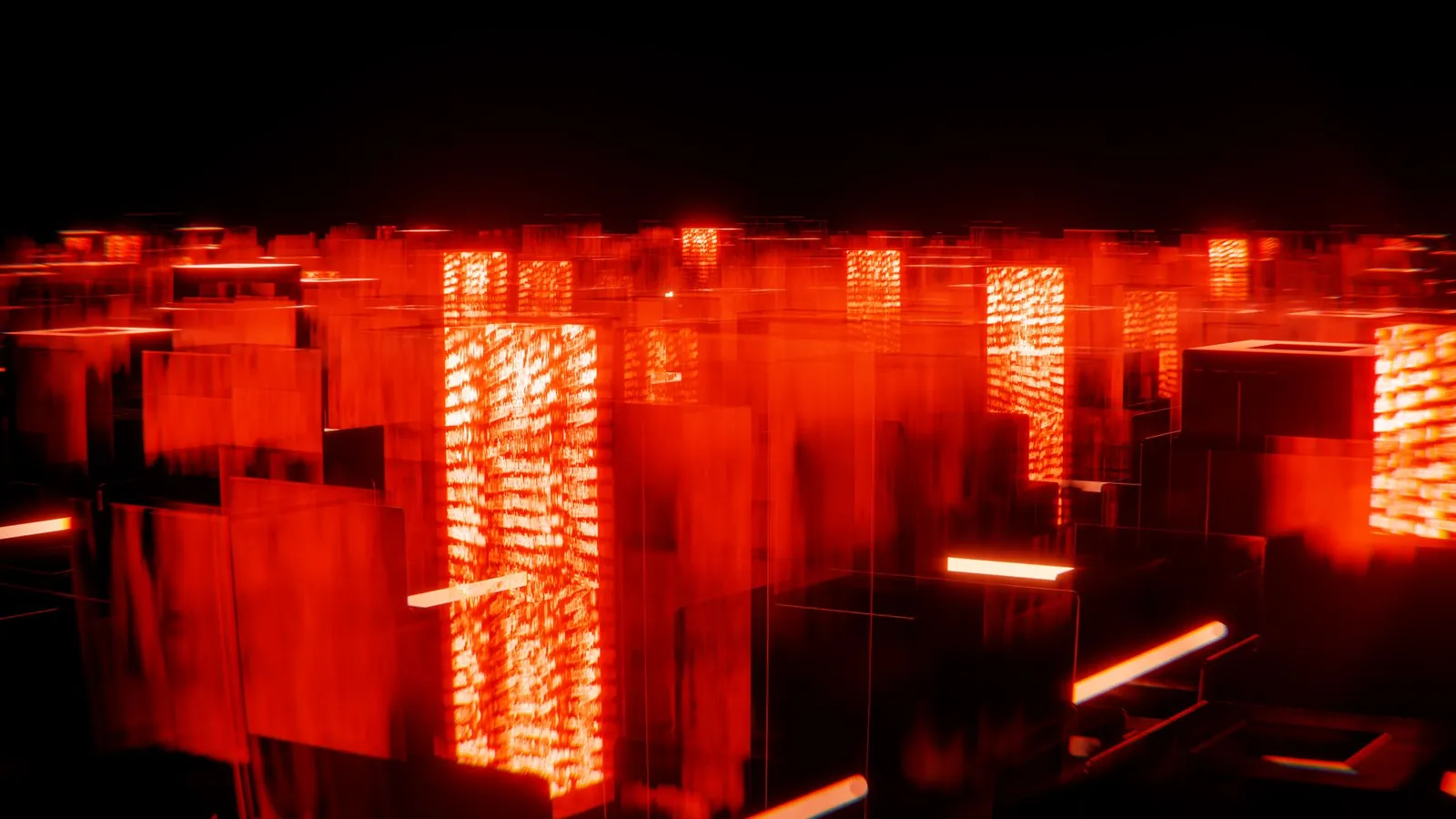 Abstract digital cityscape with glowing red neon lights creating a futuristic ambiance. Stock photo illustrating Genesys International Corporation's new order story.