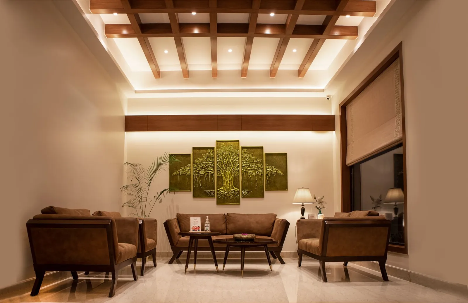 Luxurious living room featuring elegant furniture, artistic decor, and modern interior design. Stock photo illustrating Tamilnad Mercantile Bank's earning call story.