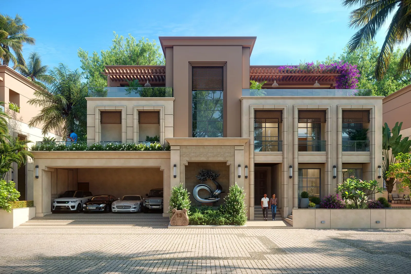 A stunning modern villa showcasing luxury and elegance with exotic cars and lush greenery. Stock photo illustrating Signatureglobal (India)'s expansion story.