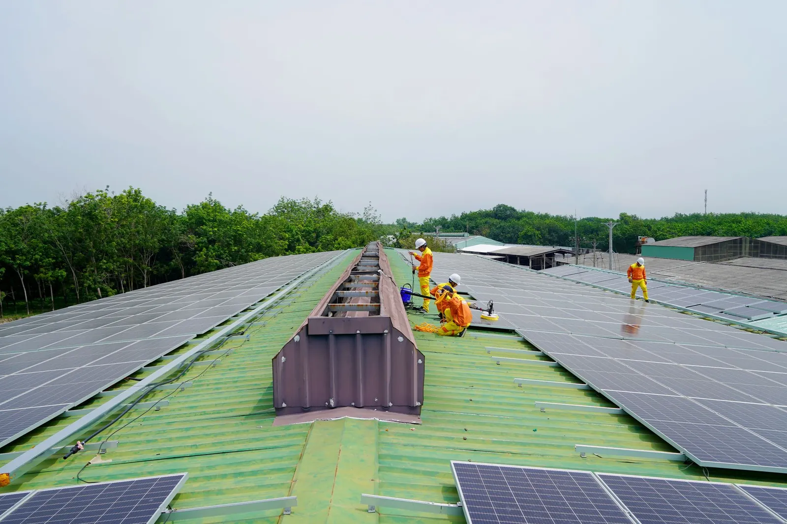 Team installing solar panels on a large rooftop under a clear sky, promoting renewable energy. Stock photo illustrating Saatvik Green Energy's new order story.