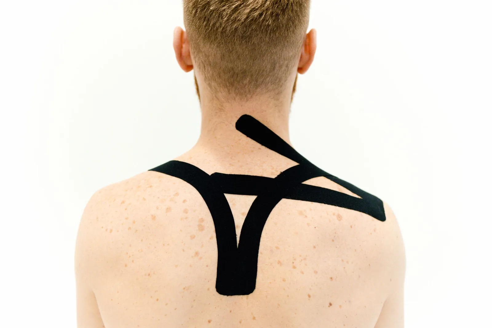 Black kinesio tape applied to man's back for therapeutic treatment on a white background. Stock photo illustrating Pidilite Industries' partnership story.