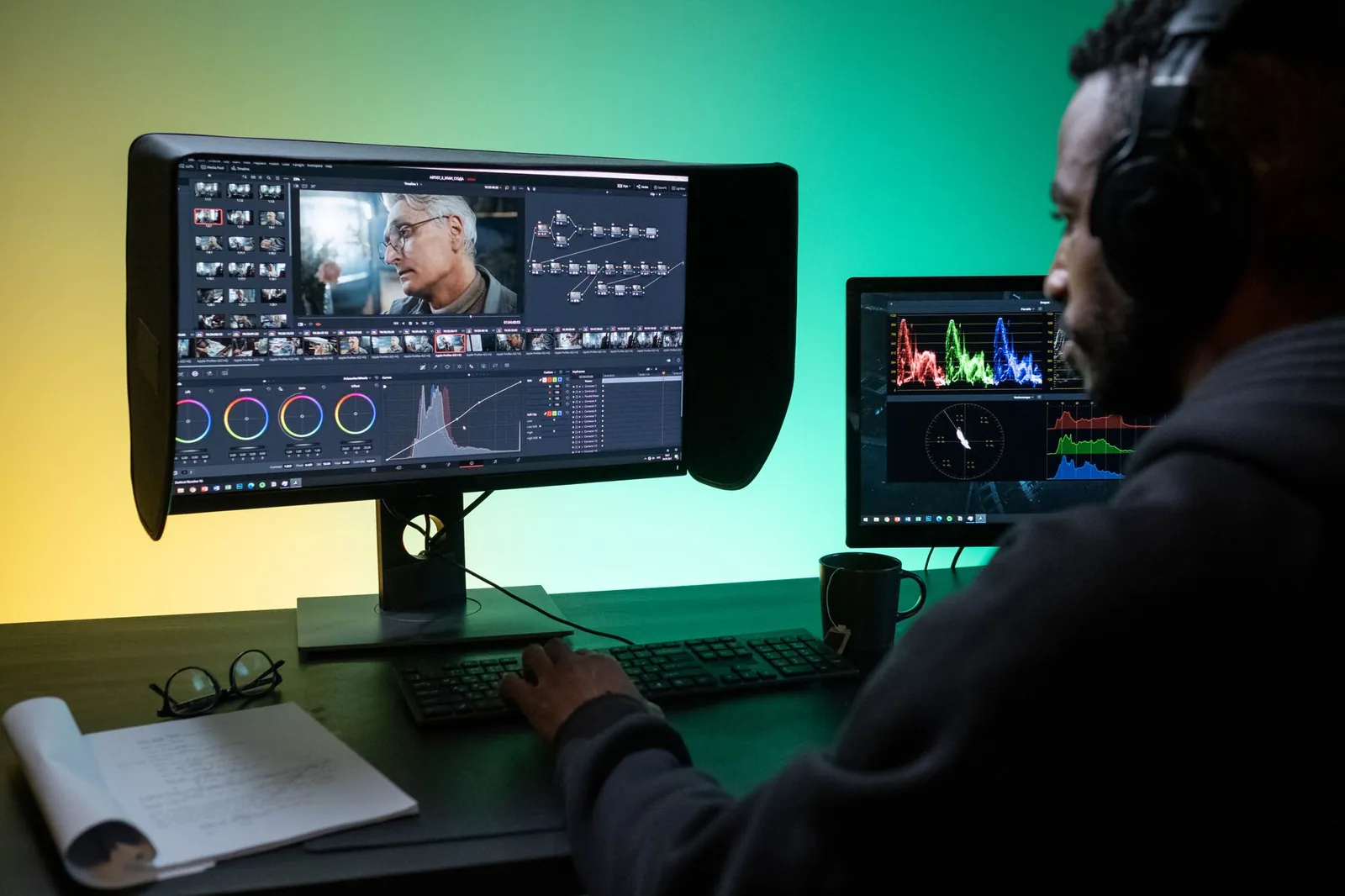 Man editing footage on dual monitors in a modern studio setting. Stock photo illustrating Prime Focus' fund raise story.