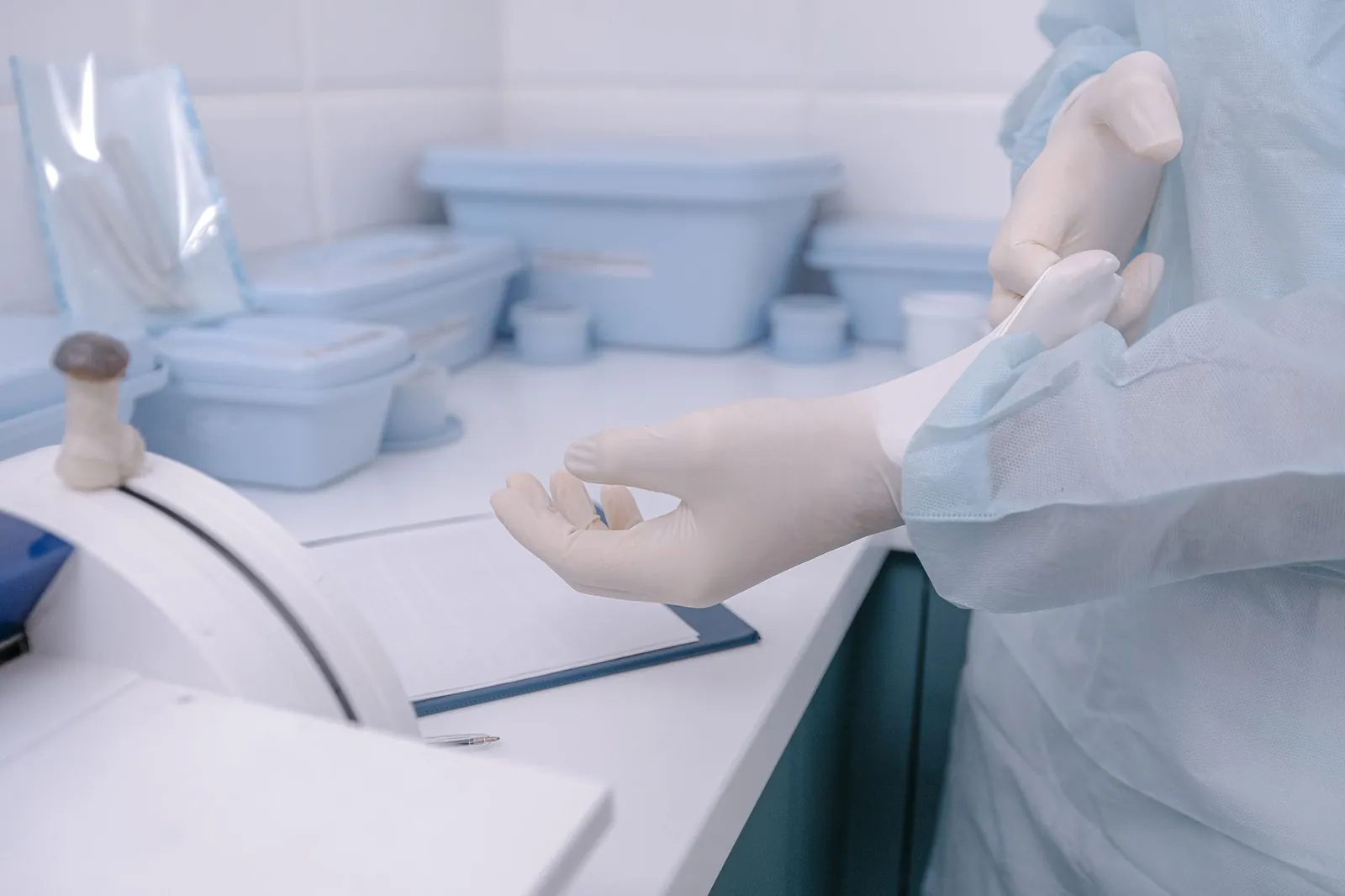 A health worker dons gloves in a clean, sterile medical setting, emphasizing safety and hygiene. Stock photo illustrating IZMO's earning call story.